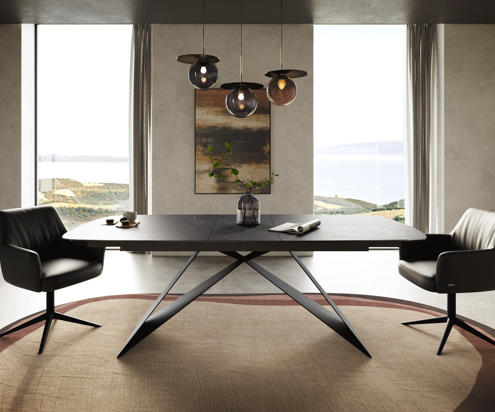 Esstisch Edge Boot 180-220x100 cm Keramik Laminam® Nero Greco Anthrazit V-Gestell Flachstahl Schwarz ausziehbar 1