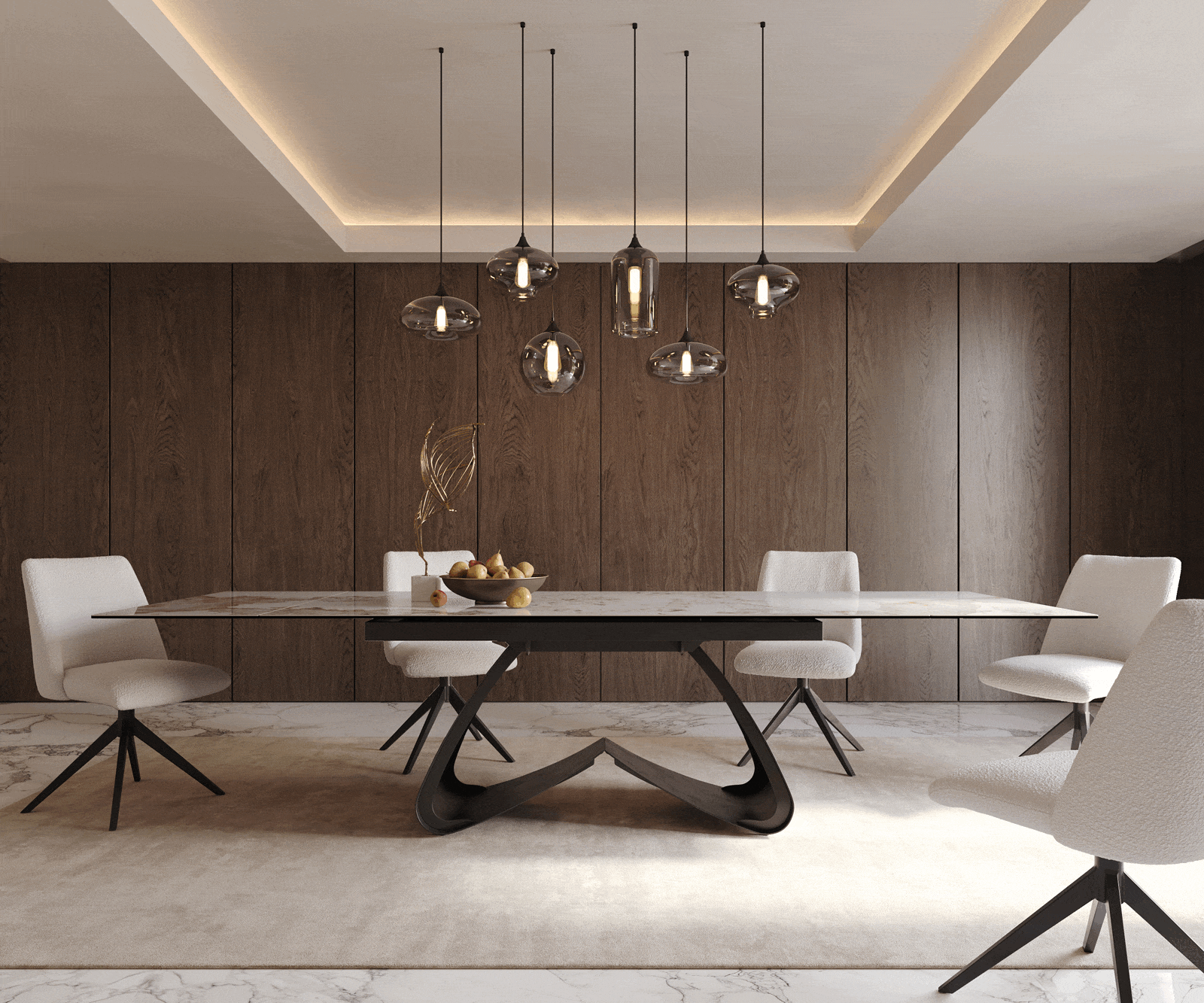Esstisch Edge 200-300x100 Keramik Minas Melange Weiß-Beige W-Gestell Schwarz ausziehbar 1
