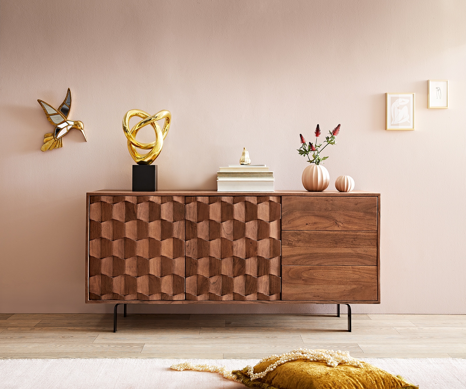 Sideboard Fevo 145 cm Akazie Braun 2 Türen 3 Schubfächer L-Fuß 1 Sideboard Fevo 145 cm Akazie Braun 2 Türen 3 Schubfächer L-Fuß 1