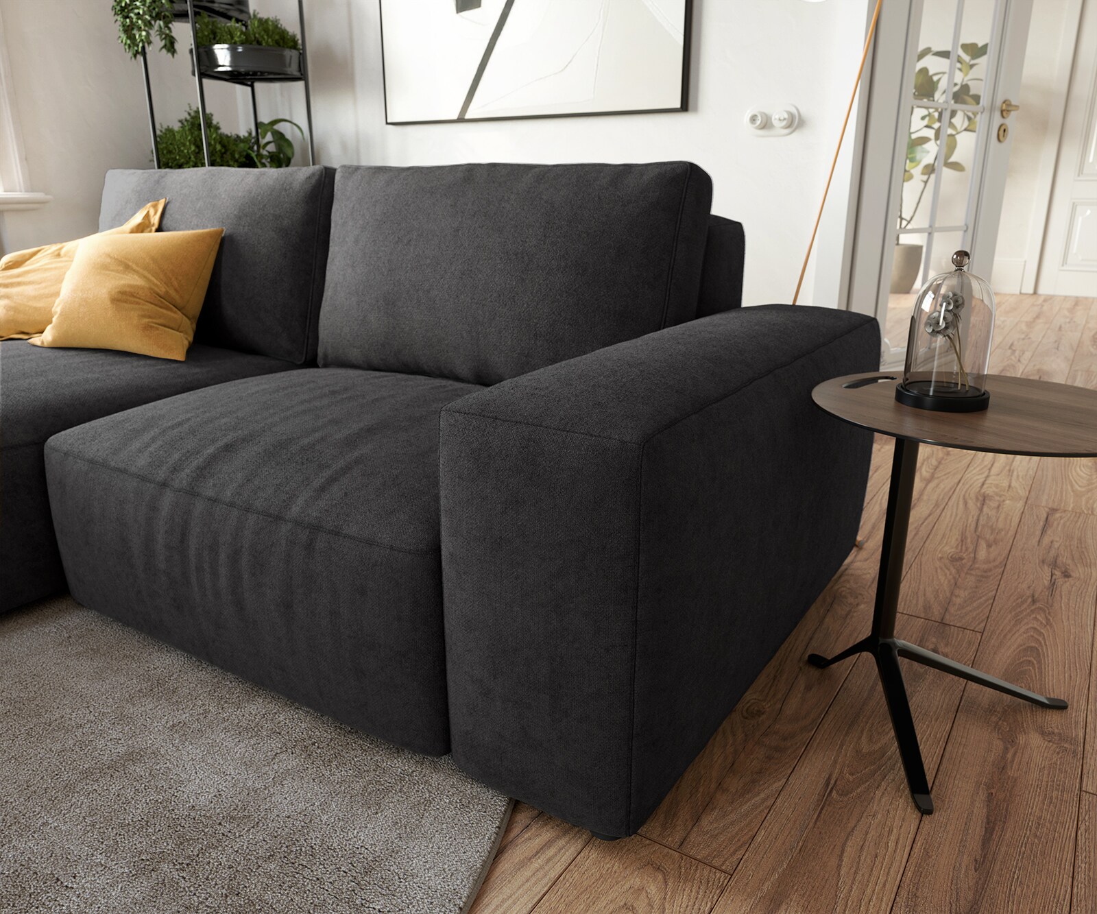 Canapé d’angle Lanzo 230x155 cm microfibre noir méridienne réversible 4