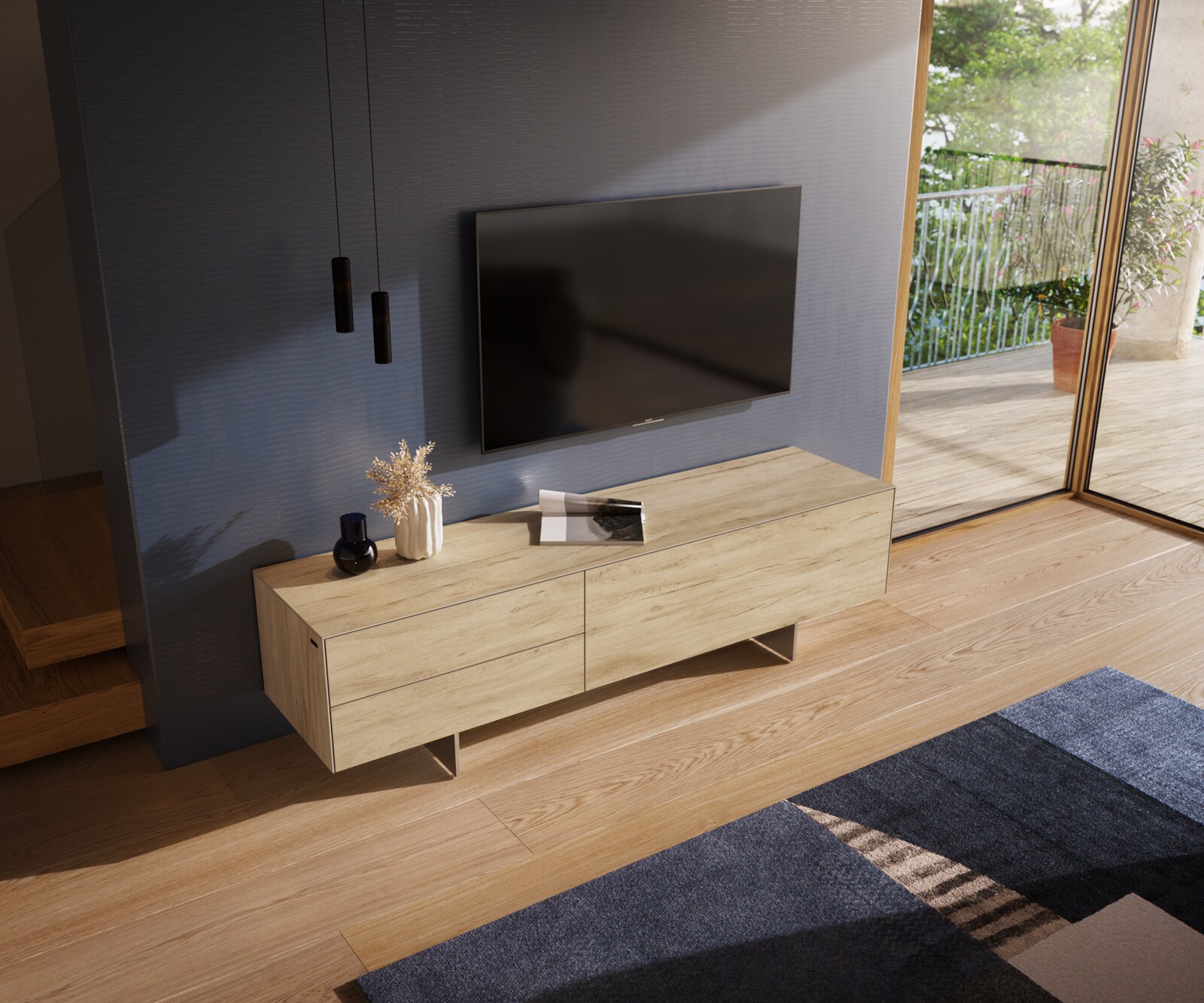 Lowboard Cuor 180 cm Keramik Laminam® Sabbia Eichefarbig 1 Klappe 2 Schubfächer Fuß Schwebeoptik Edelstahl 4
