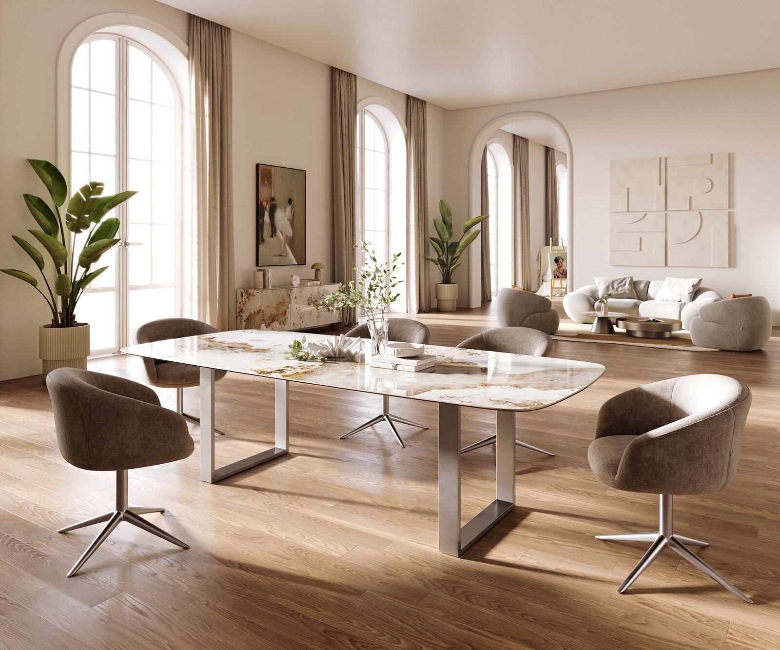 Esstisch Edge Boot 260x120 cm Keramik Minas Melange Weiß-Beige Edelstahl Schmal 5