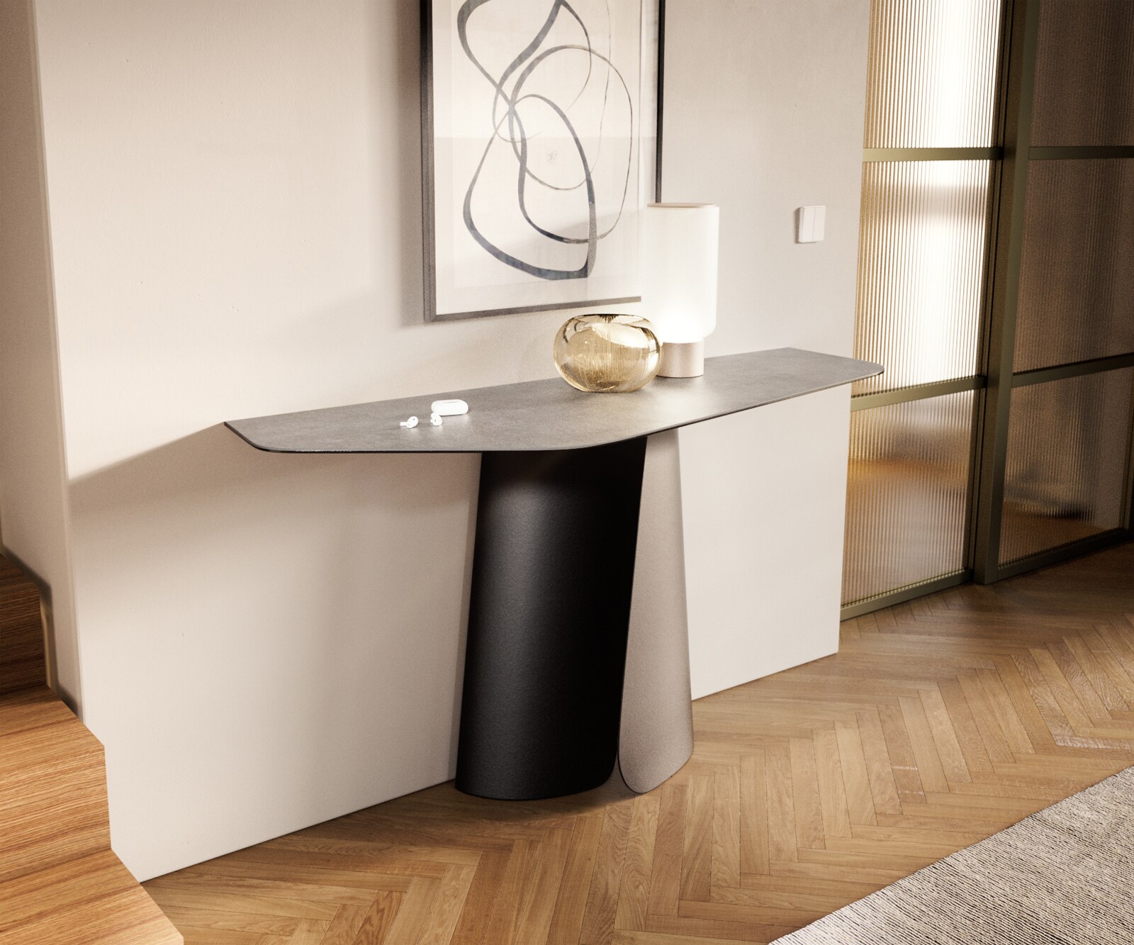Konsolentisch Edge Polygonal 140x50 cm Keramik Beton Grau Spios Metall Schwarz 3