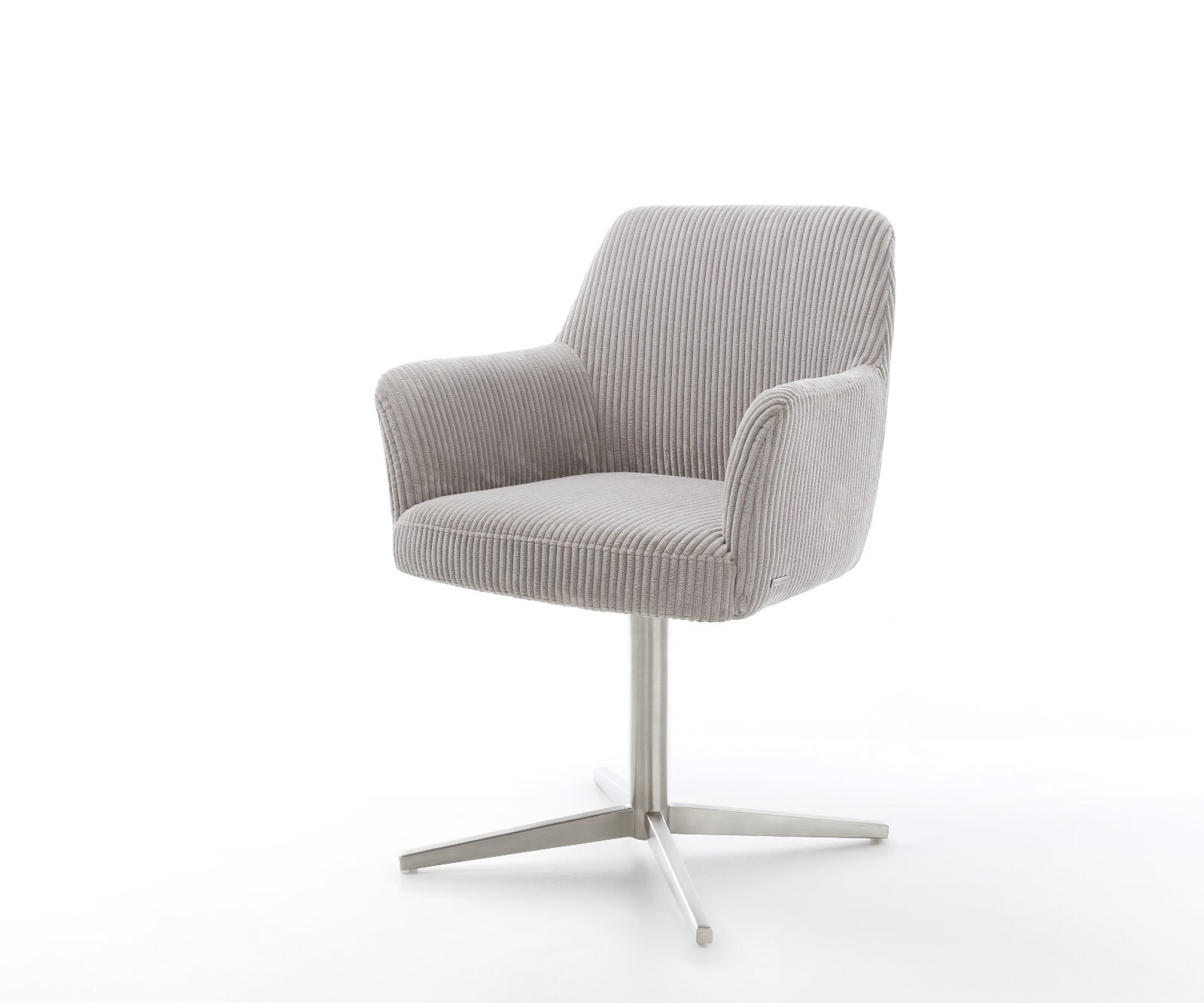 Chaise-pivotante Xana-Flex avec accoudoirs côtelé gris argenté pied de chaise 4 branches acier inoxydable ressorts ensachés pivote sur 360°