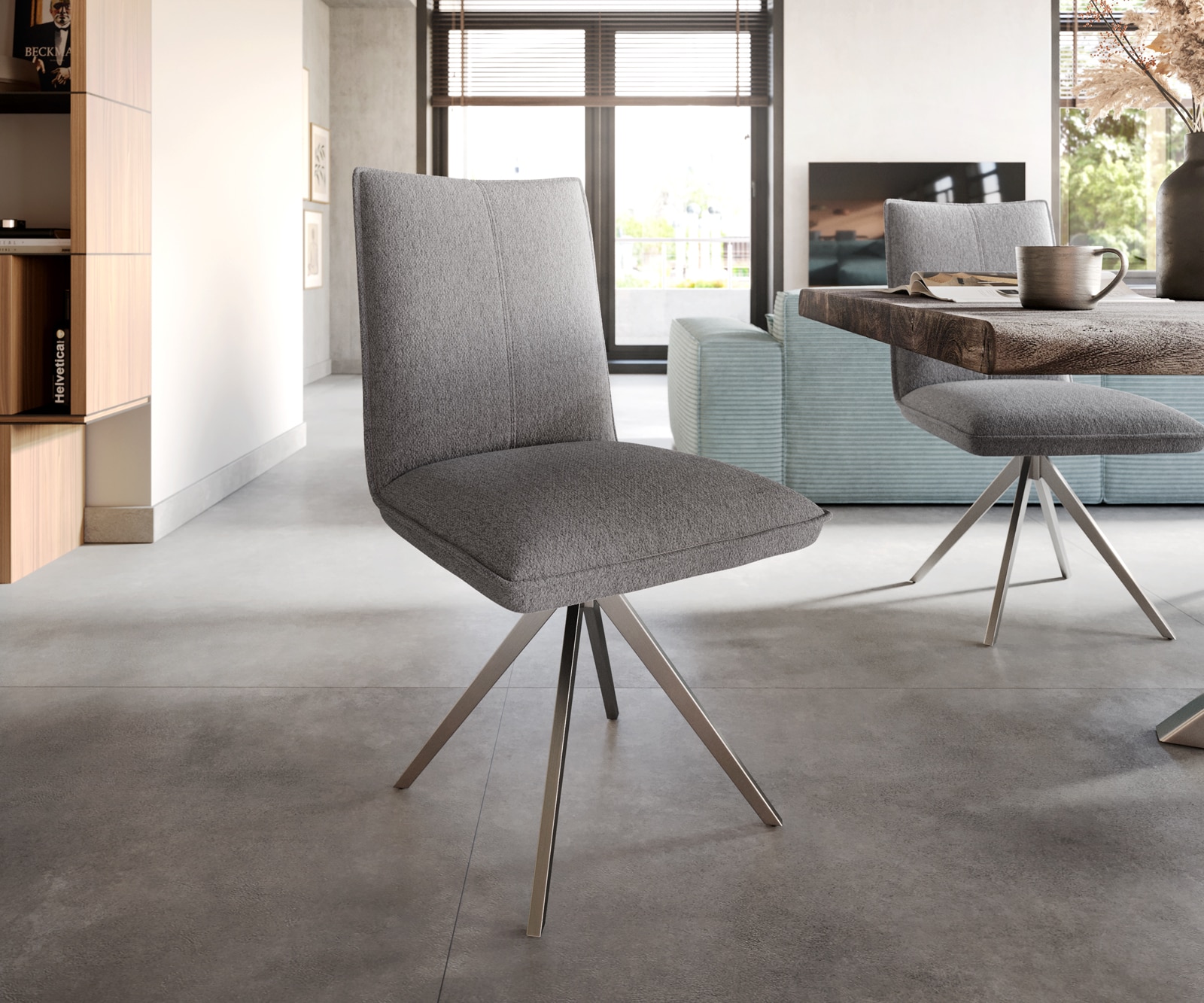 Drehstuhl Lelio-Flex Strukturstoff Hellgrau Kreuzgestell breit Edelstahl 360° drehbar Taschenfederkern