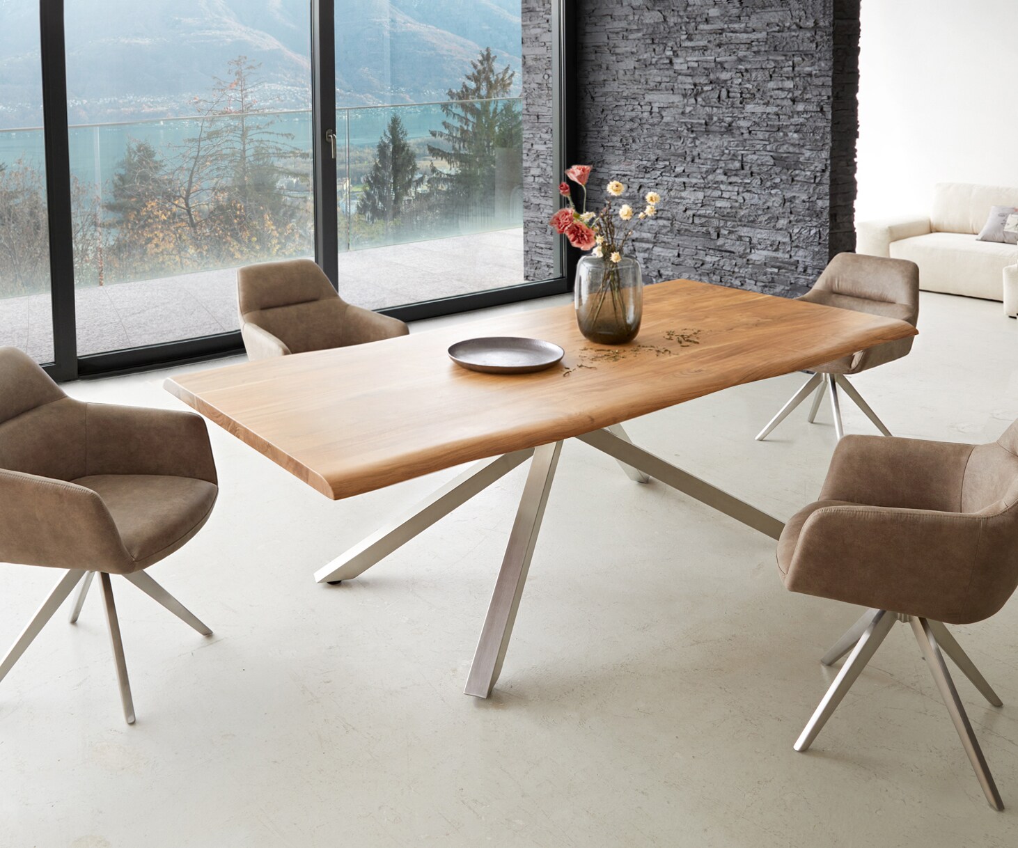 Esstisch Edge 240x100 Akazie Natur Kreuzgestell Rechteck Edelstahl Live-Edge 6