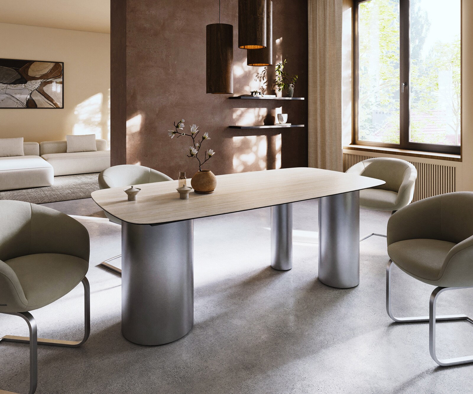Esstisch Edge Boot 200x100 Keramik Laminam® Travertino Bianco Creme-Weiß Troa Edelstahl gebürstet 4