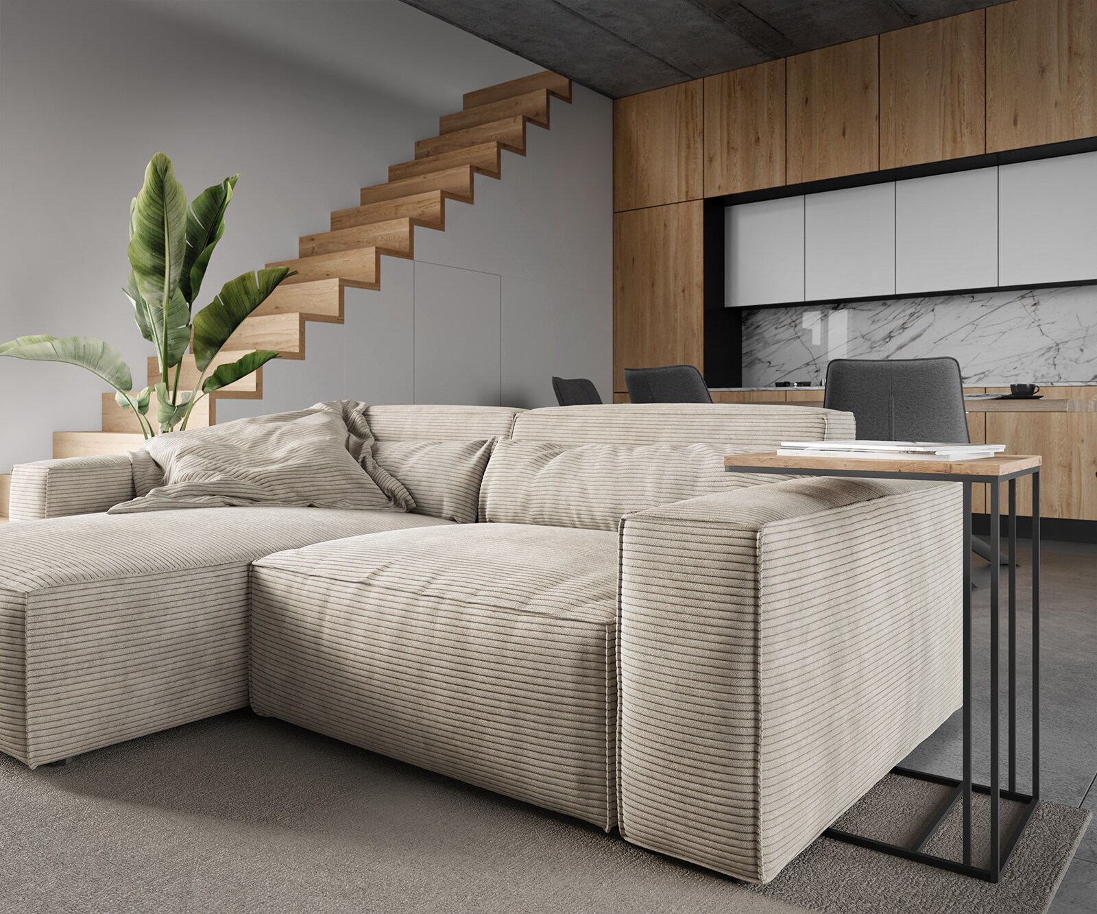 Ecksofa Sirpio L 260x160 cm Cord Beige Recamiere variabel mit Hocker 4