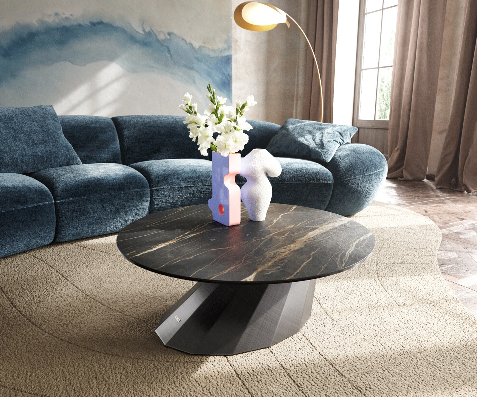 Table basse Edge rond 90x90 cm céramique Laminam® Noir Desir brun Parabi acier inoxydable brossé 2
