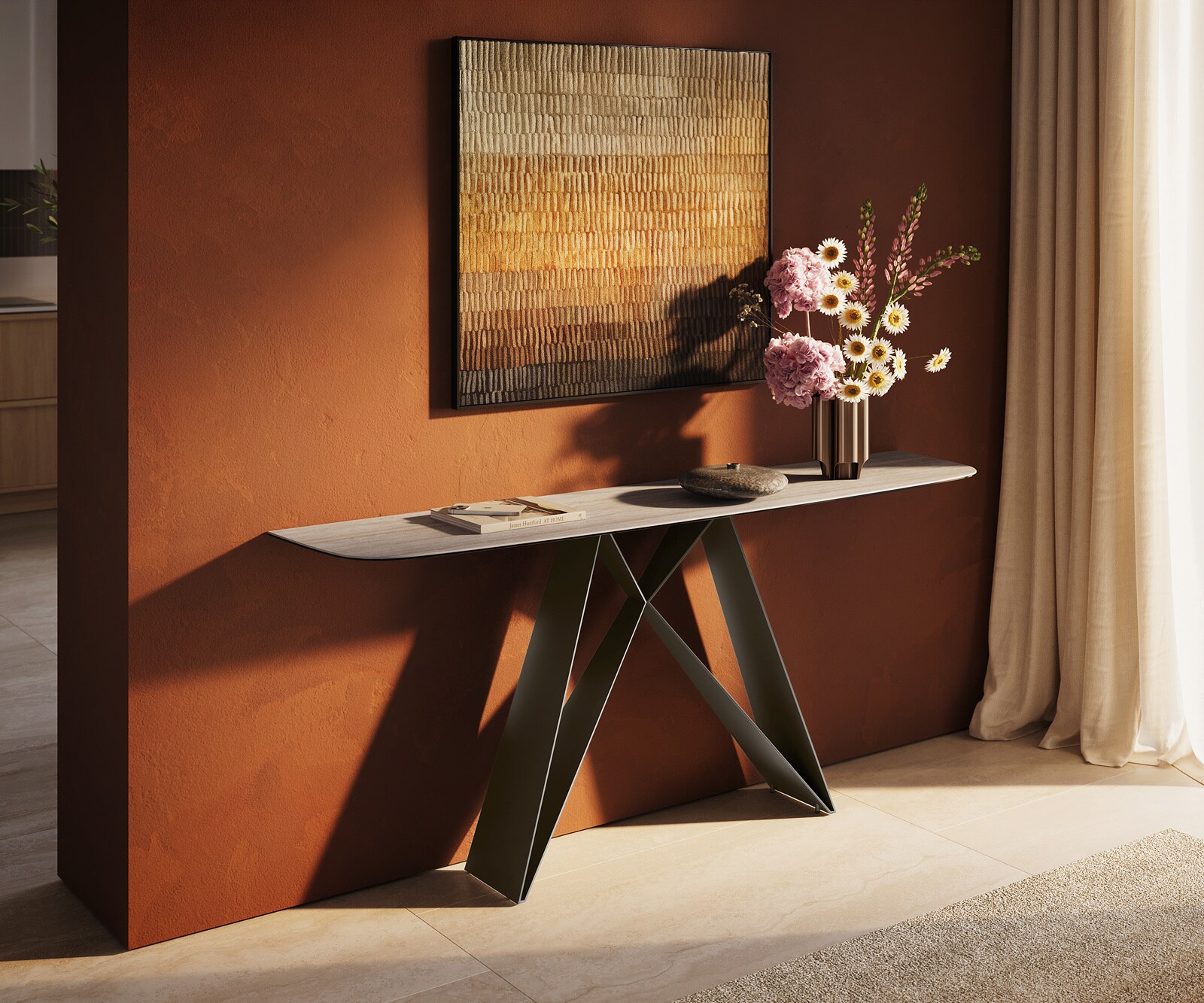 Console Edge forme bateau 180x40 cm Céramique Laminam® Travertino Bianco Creme-Weiß Velio Métal Effektfinish Titan 1