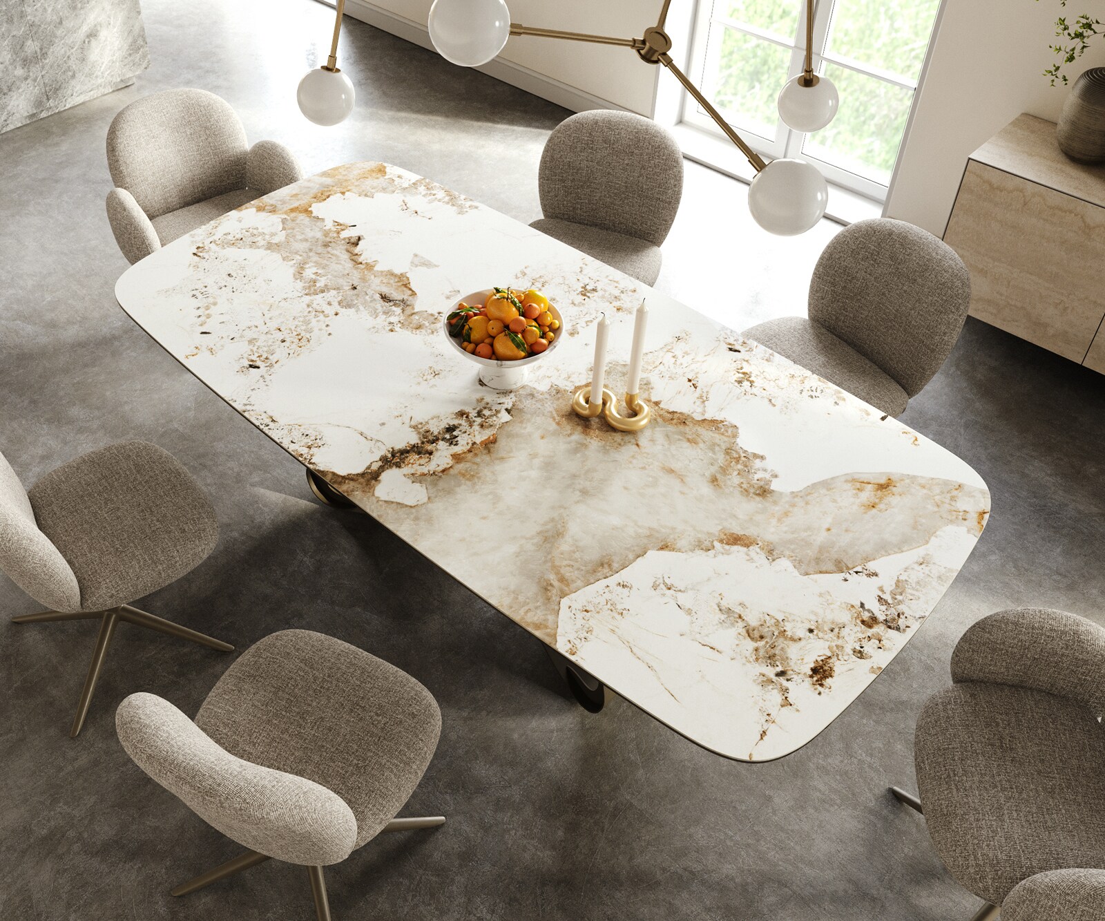 Table à manger Edge Boot 240x120 cm Céramique Minas Melange Blanc-Beige piètement en W Métal Finition effet Titan 3