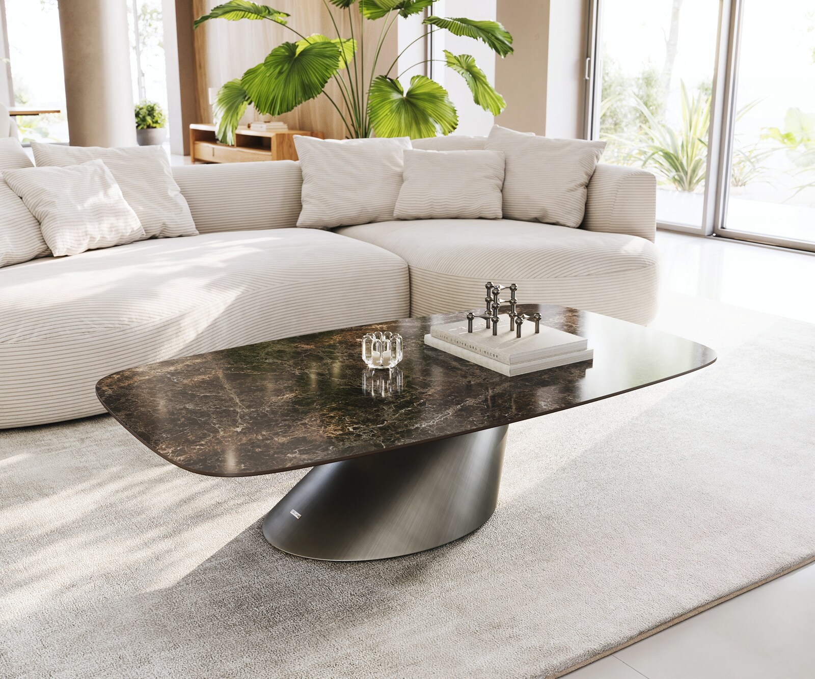 Table basse Edge bateau 140x80 cm céramique Emperador Extra Lucidato brun foncé Conis métallique argent 1