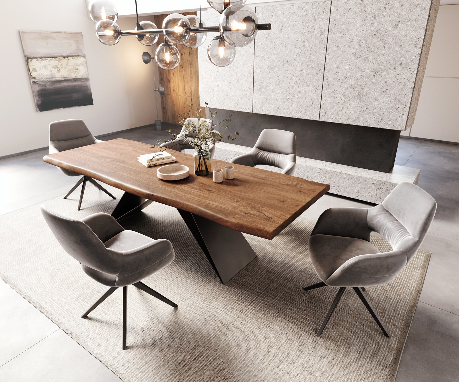 Table à manger Edge 260x100 XL acacia marron cadre en V acier plat noir Live-Edge 6
