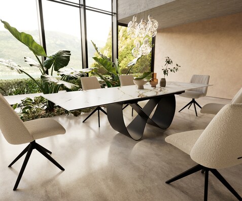 Table à manger Edge 200-300x100 cm Céramique Calacatta Luxe Blanc-Or-Gris Infinity Métal Noir extensible