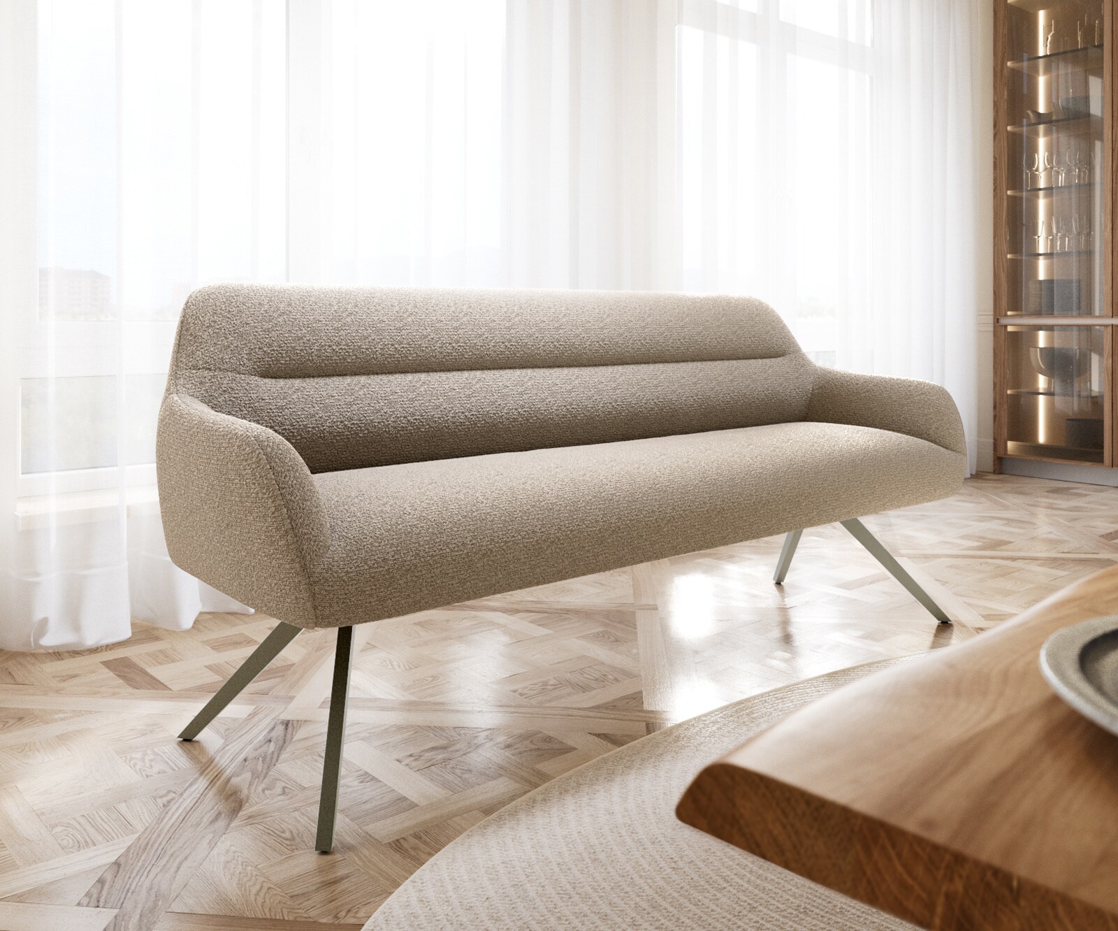 Esszimmerbank Taya-Flex 200 cm Bouclé Schlamm Kreuzgestell kantig Effektfinish Titan Taschenfederkern