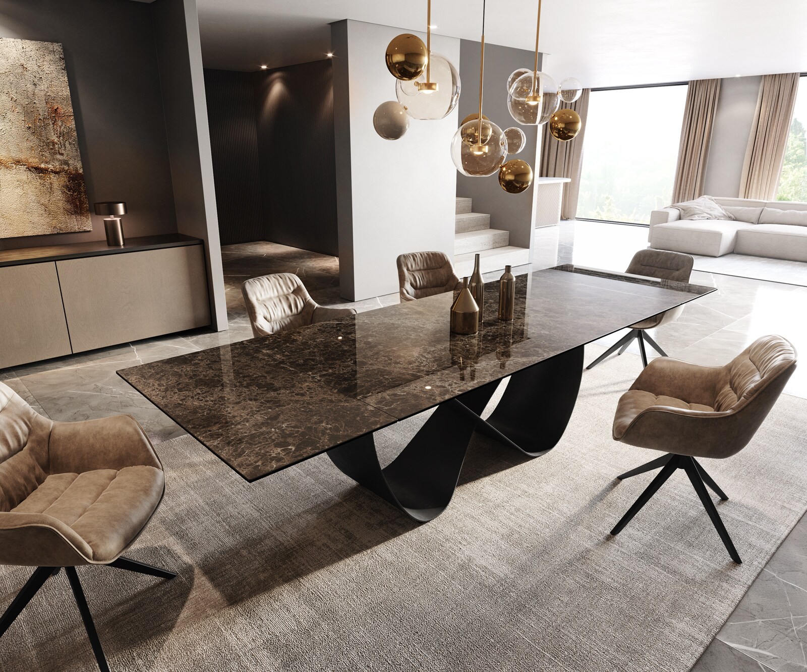 Table de salle à manger Edge Céramique Emperador Extra Lucidato Brun foncé 200-300x100 Infinity Métal Noir extensible