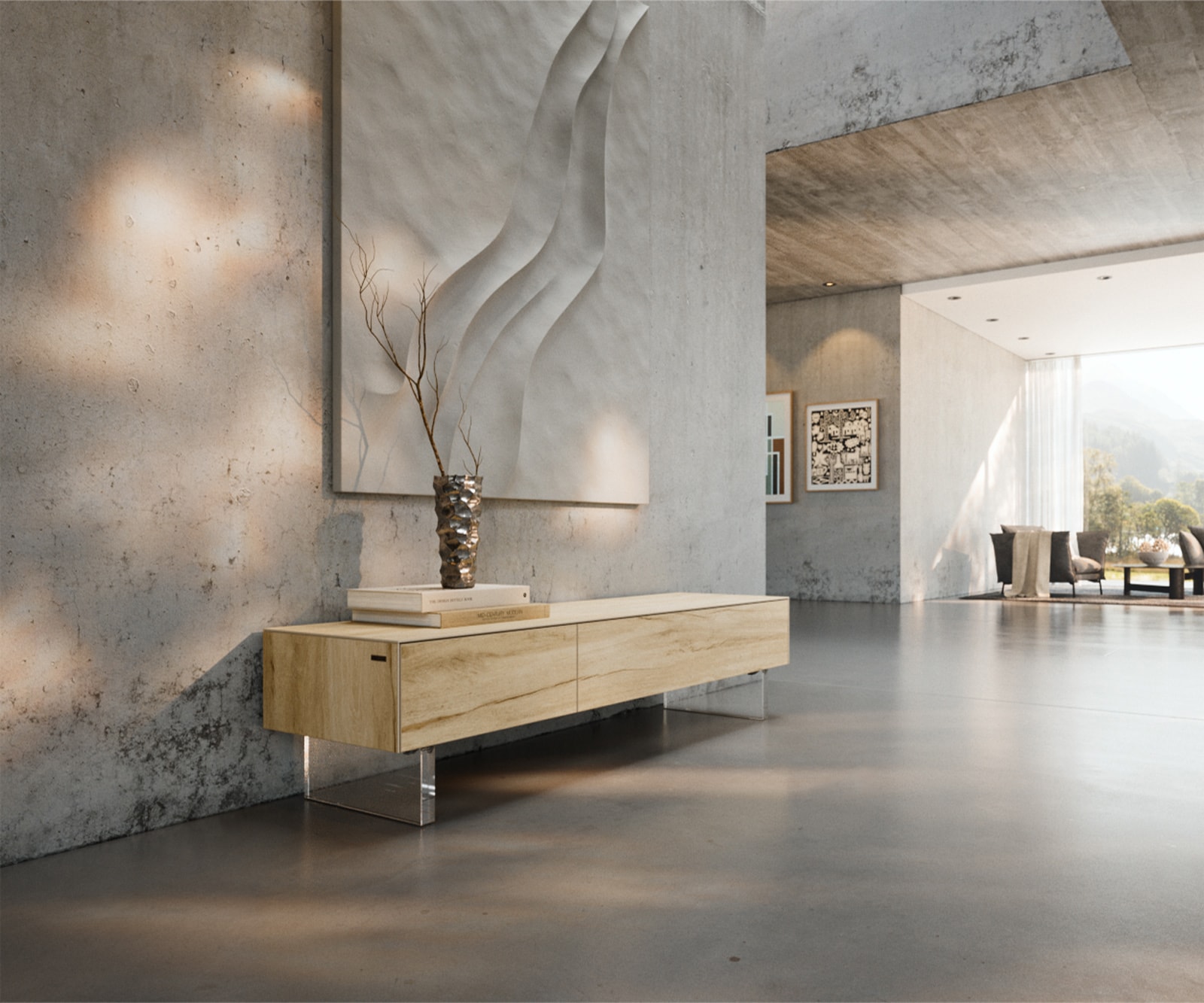 Lowboard Cuor 150 cm Keramik Laminam® Sabbia Eichefarbig 1 Klappe 1 Schubfach Fuß Schwebeoptik Acrylglas Lowboard Cuor 150 cm Keramik Laminam® Sabbia Eichefarbig 1 Klappe 1 Schubfach Fuß Schwebeoptik Acrylglas