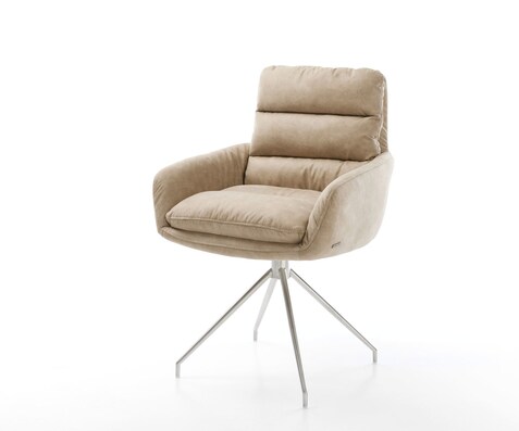 Chaise-de-salle-à-manger Abelia-Flex avec accoudoirs microvelours beige vintage pied croisé conique acier inoxydable brossé
