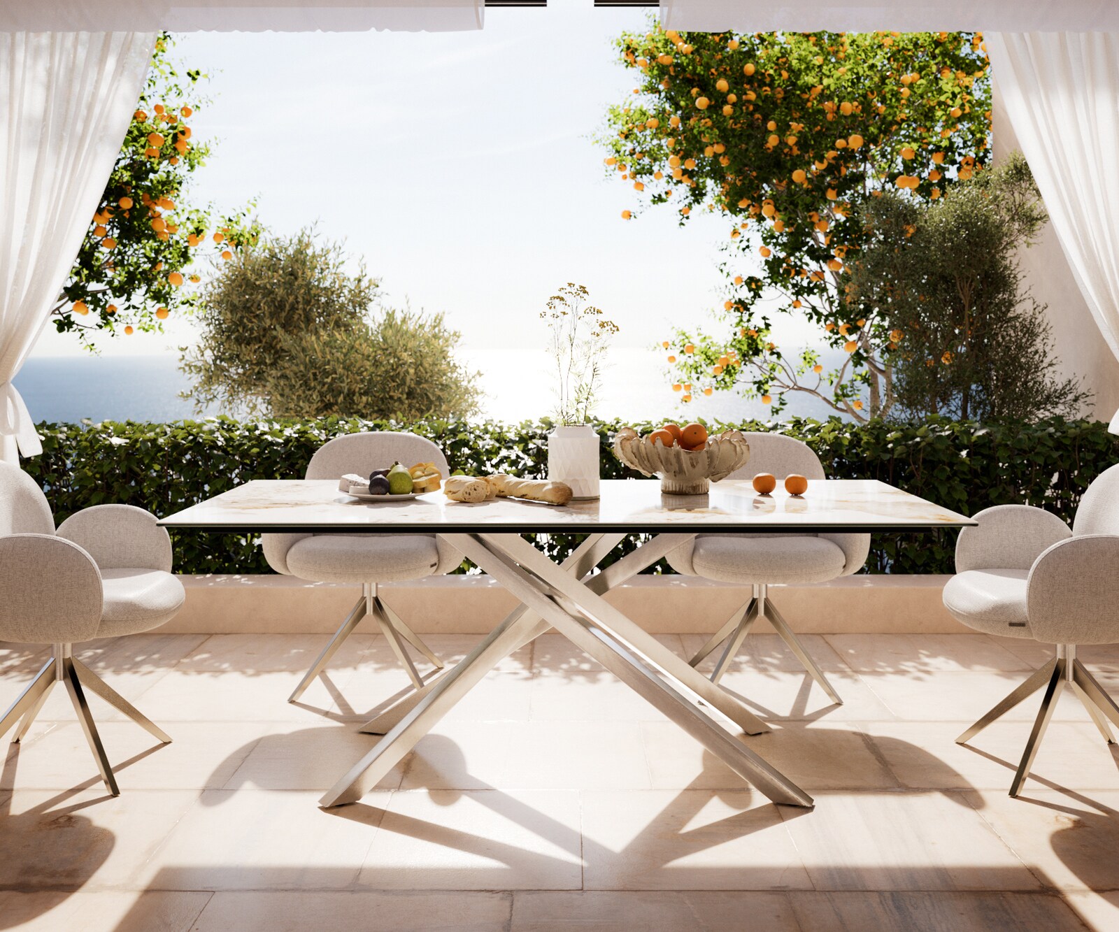 Table d’extérieur Edge 200x100 cm céramique Minas Melange blanc-beige piètement croisé rectangulaire en acier inoxydable