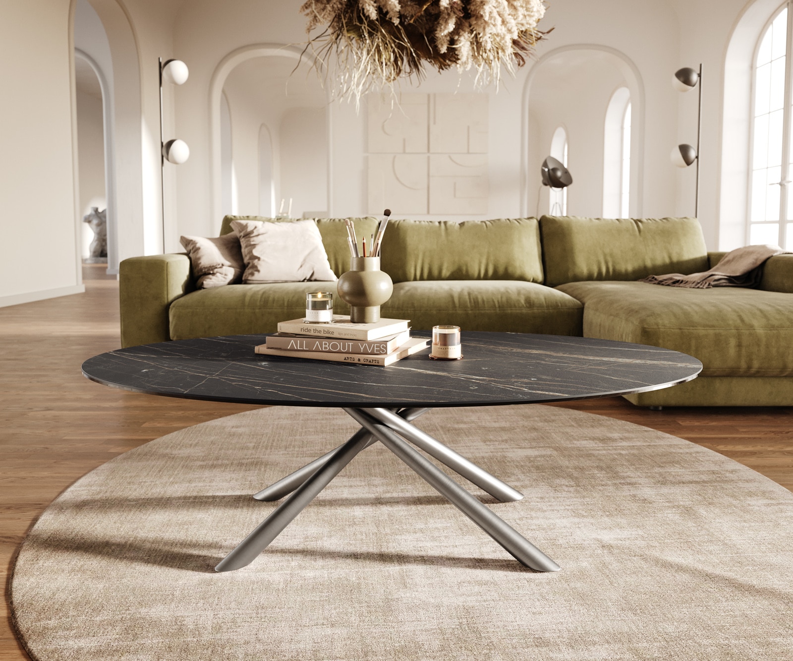 Table basse Edge Oval 140x80 cm céramique Laminam® Noir Desir brun Sarity acier inoxydable brossé 2