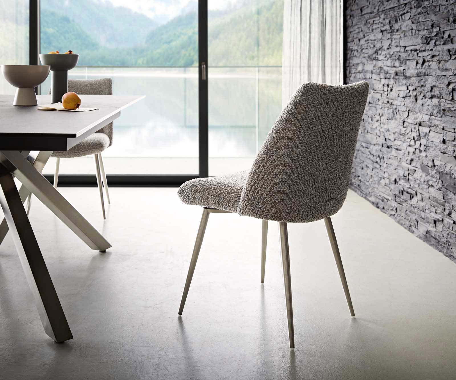 Esszimmerstuhl Elso-Flex Bouclé Silbergrau 4-Fuß konisch Edelstahl Taschenfederkern 4 Esszimmerstuhl Elso-Flex Bouclé Silbergrau 4-Fuß konisch Edelstahl Taschenfederkern 4