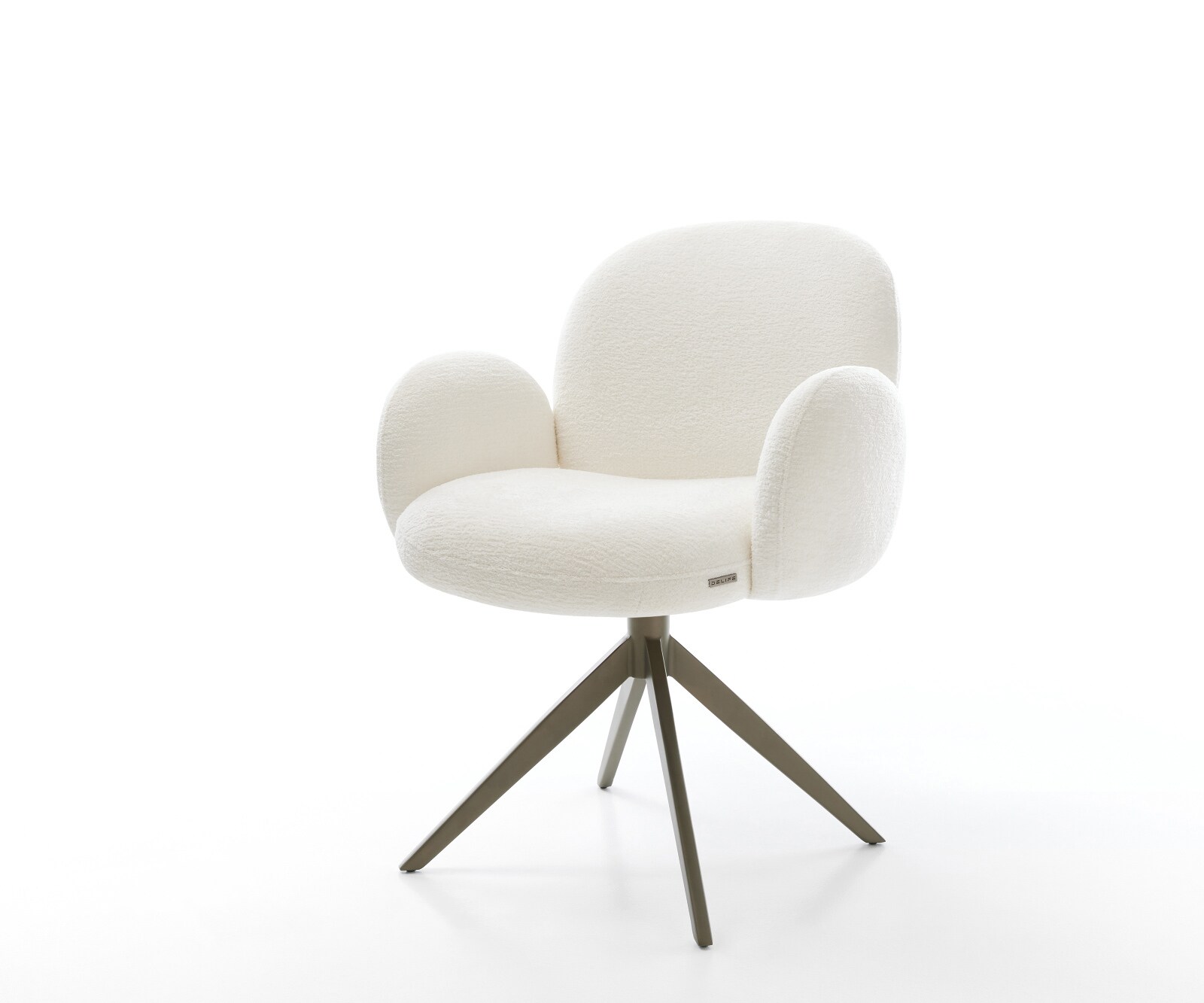 Chaise-pivotante Nube-Flex avec accoudoirs bouclé doux beige pied croisé large aspect titane pivotement sur 360° fonction bascule resorts ensachés