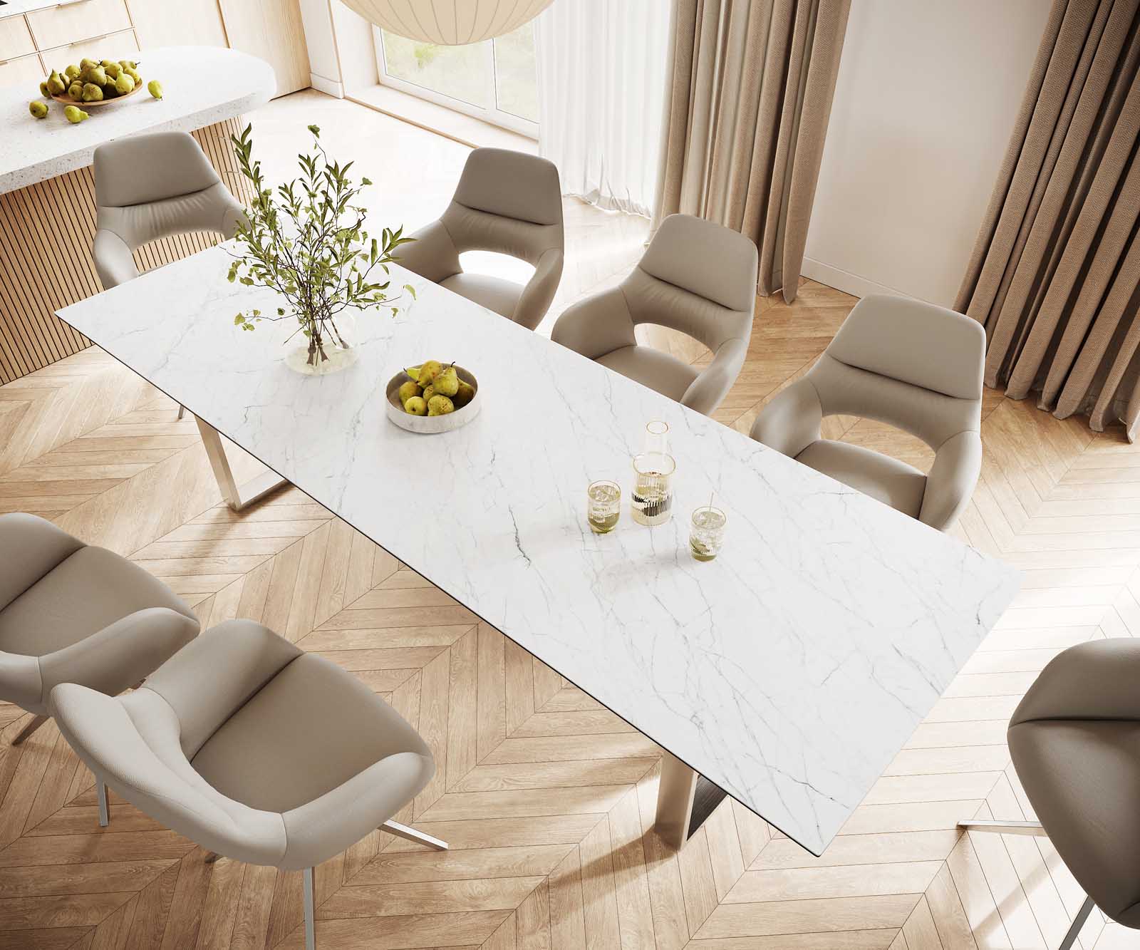 Esstisch Edge 300x100 Keramik Laminam® Statuarietto Weiß Edelstahl Schmal 3