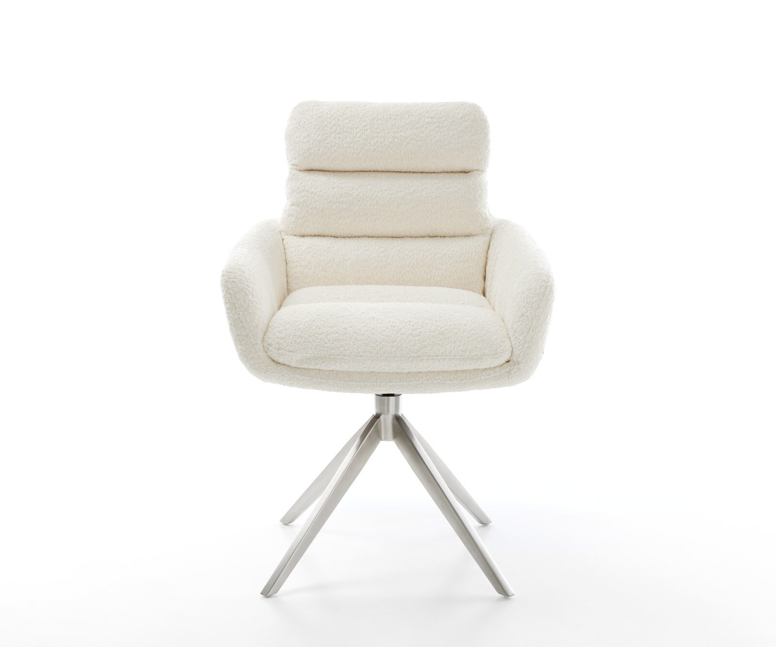 Chaise-de-salle-à-manger Abelia-Flex avec accoudoirs bouclé blanc pied croisé large acier inoxydable brossé 1