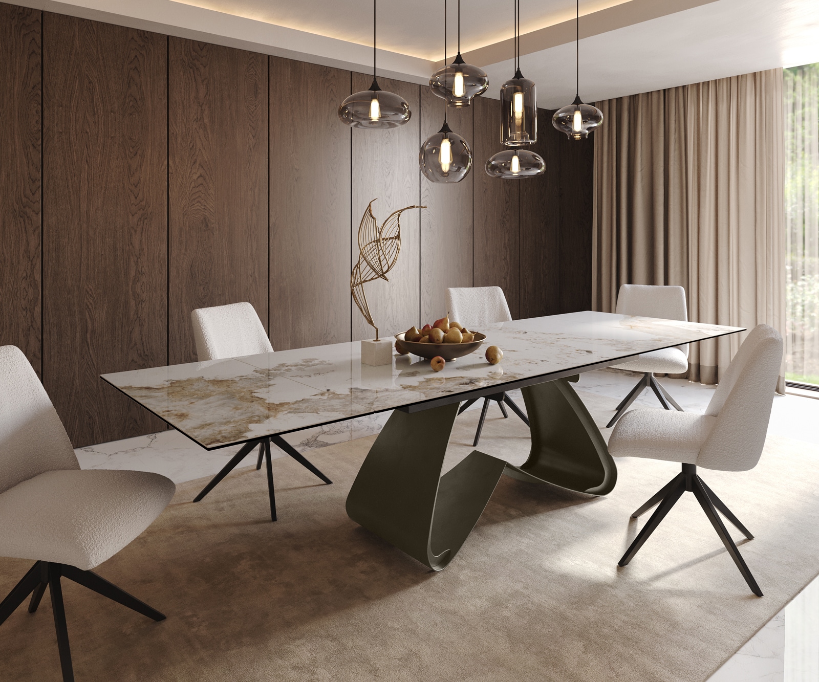 Esstisch Edge 200-300x100 Keramik Minas Melange Weiß-Beige W-Gestell Effektfinish Titan Ausziehbar 1