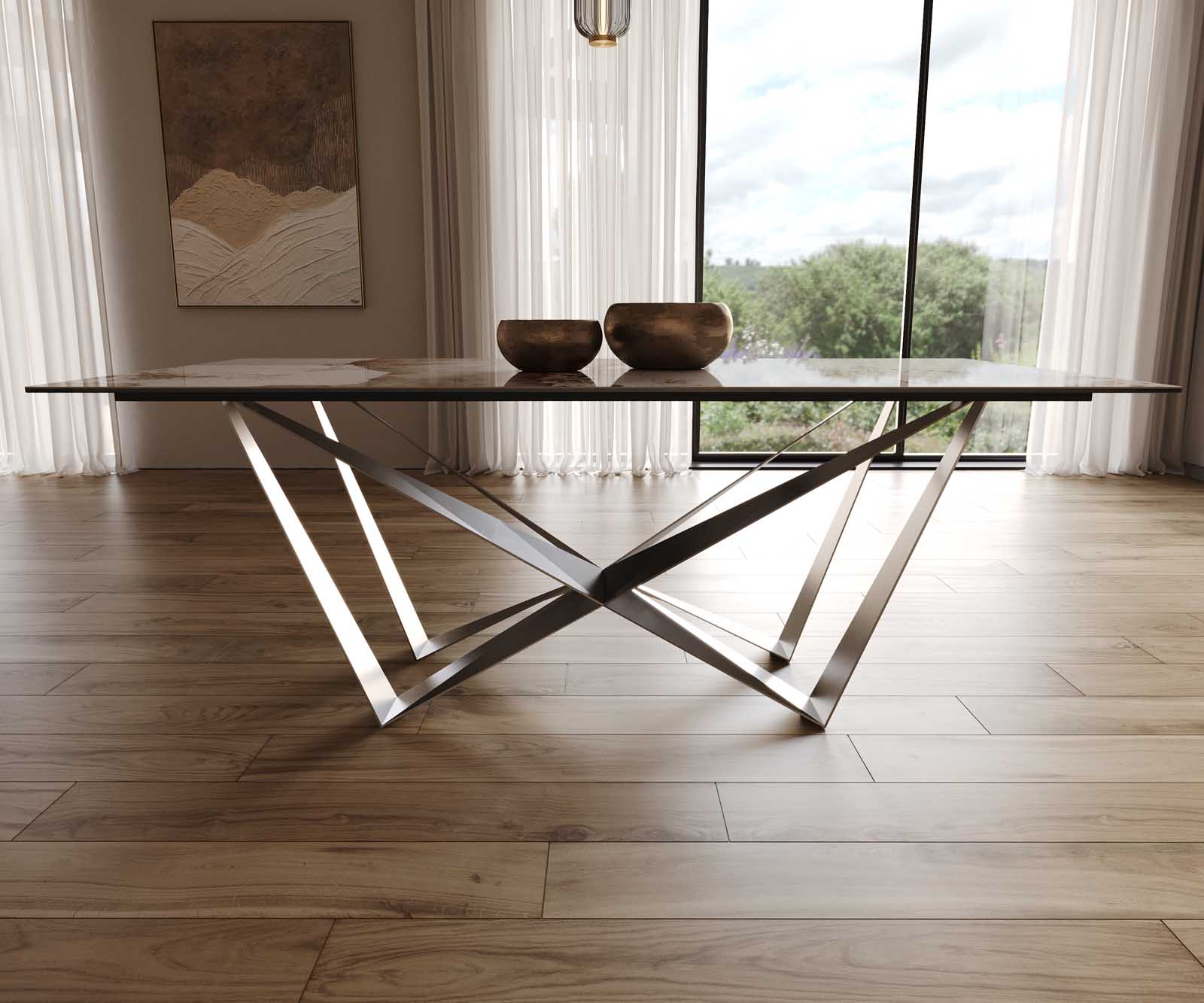 Esstisch Edge 200x100 Keramik Minas Melange Weiß-Beige Spider Flachstahl Edelstahl 8