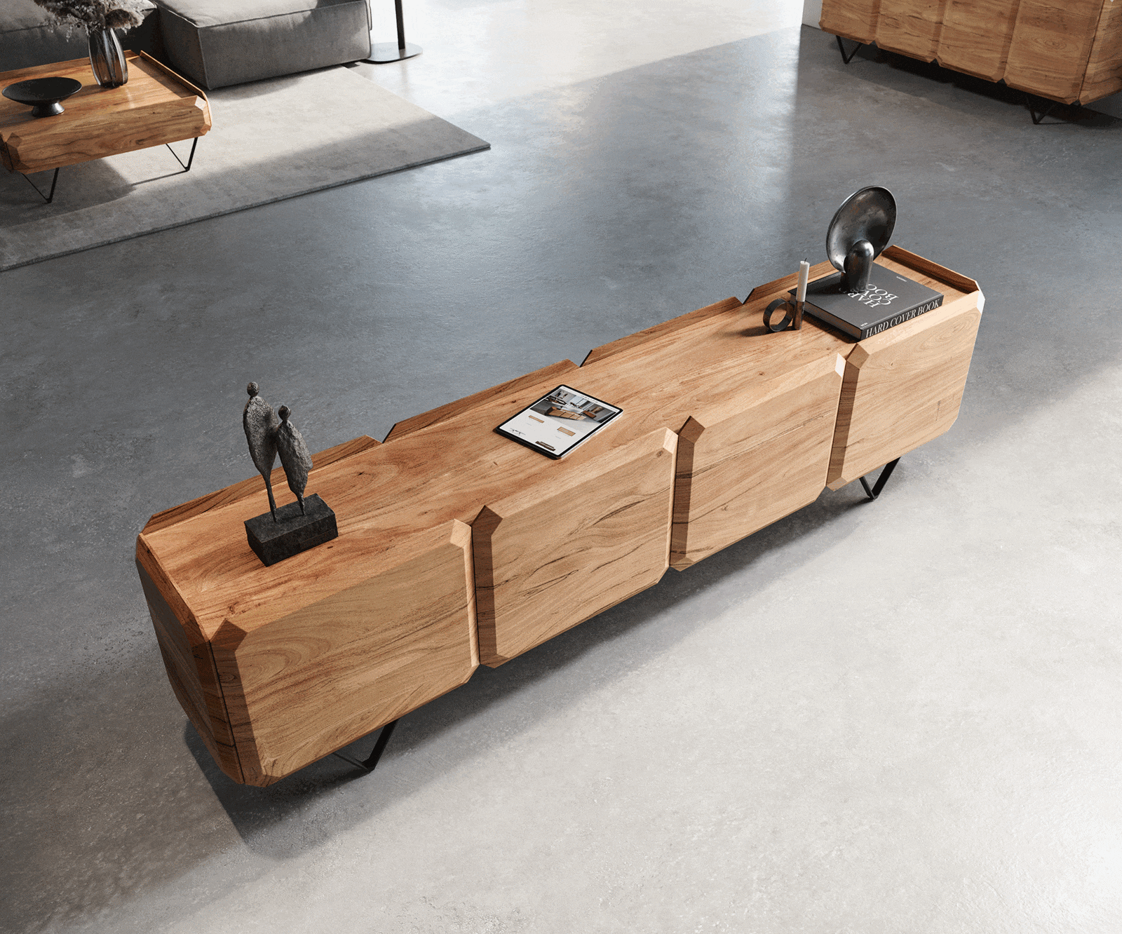 Lowboard Kiano 220 cm Akazie Natur 4 Türen V-Fuß Schwarz Raumteiler 4