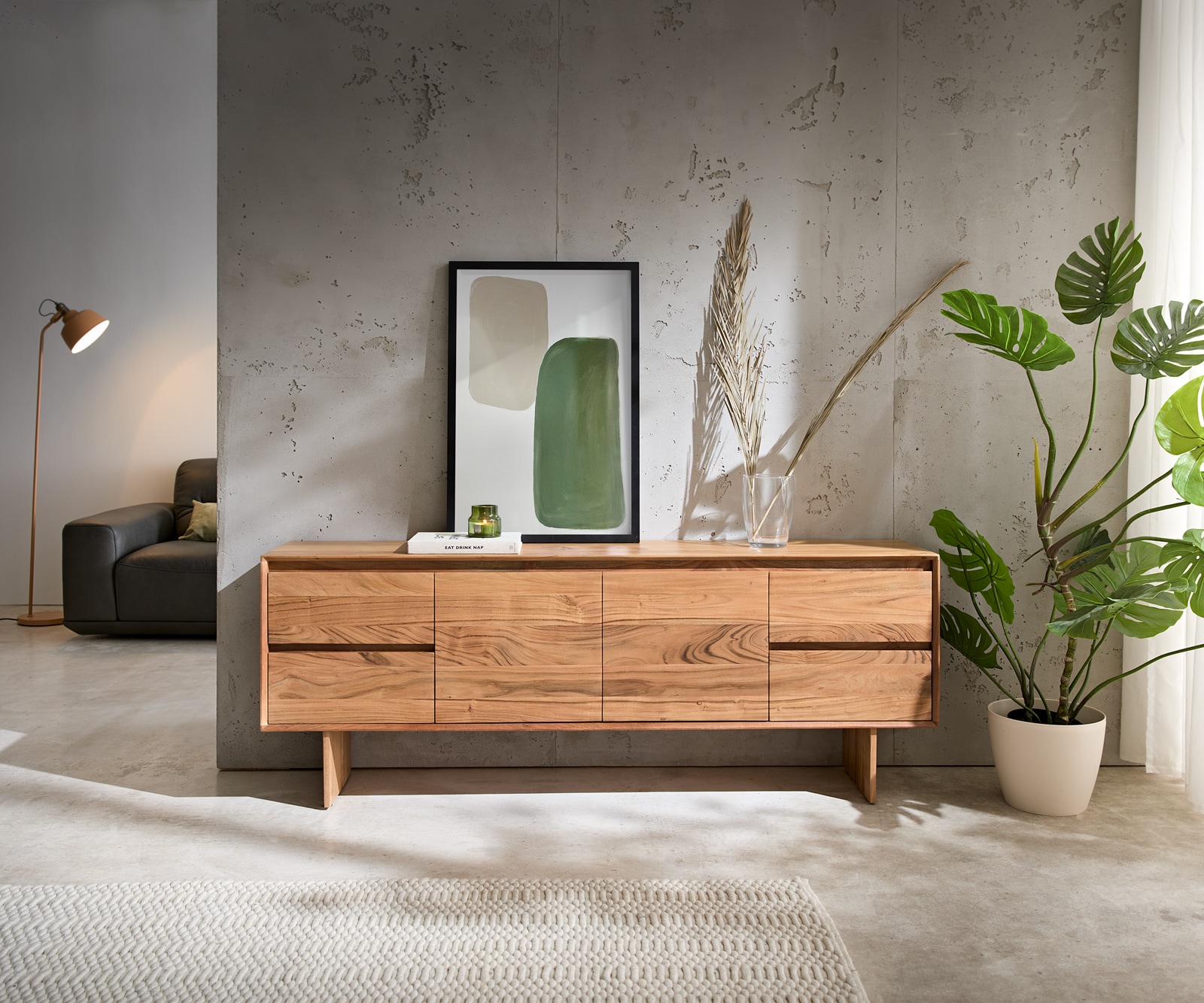 Lowboard Elandor 175 cm Akazie Natur 2 Türen 4 Schubladen Holzfuß 1 Lowboard Elandor 175 cm Akazie Natur 2 Türen 4 Schubladen Holzfuß 1