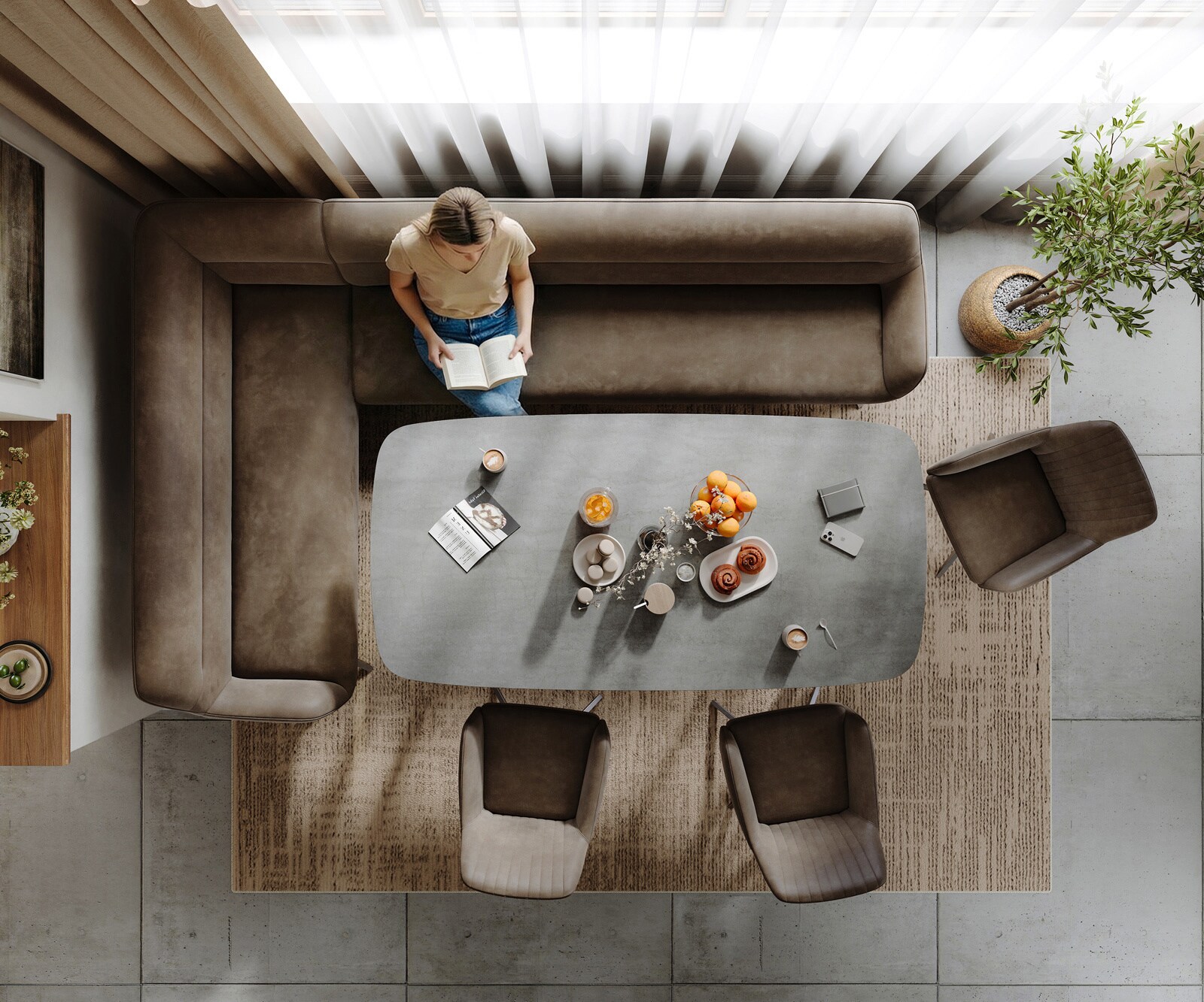 Esszimmerbank Taya-Flex 285x190 cm Mikrofaser Taupe Vintage Kreuzgestell kantig Graphit Taschenfederkern Rechts 6