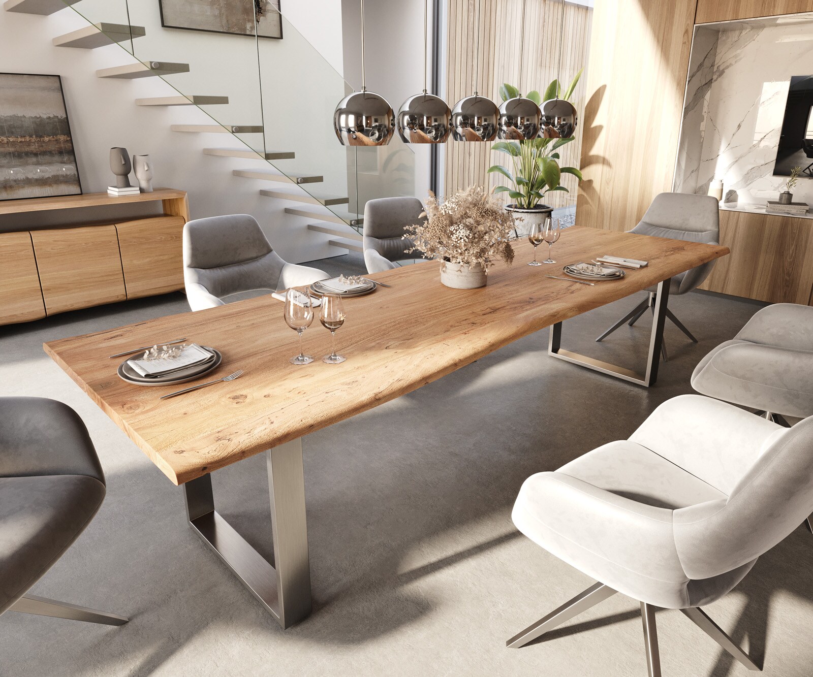 Esstisch Edge 300x100 Akazie Natur Edelstahl Schmal Live-Edge 1