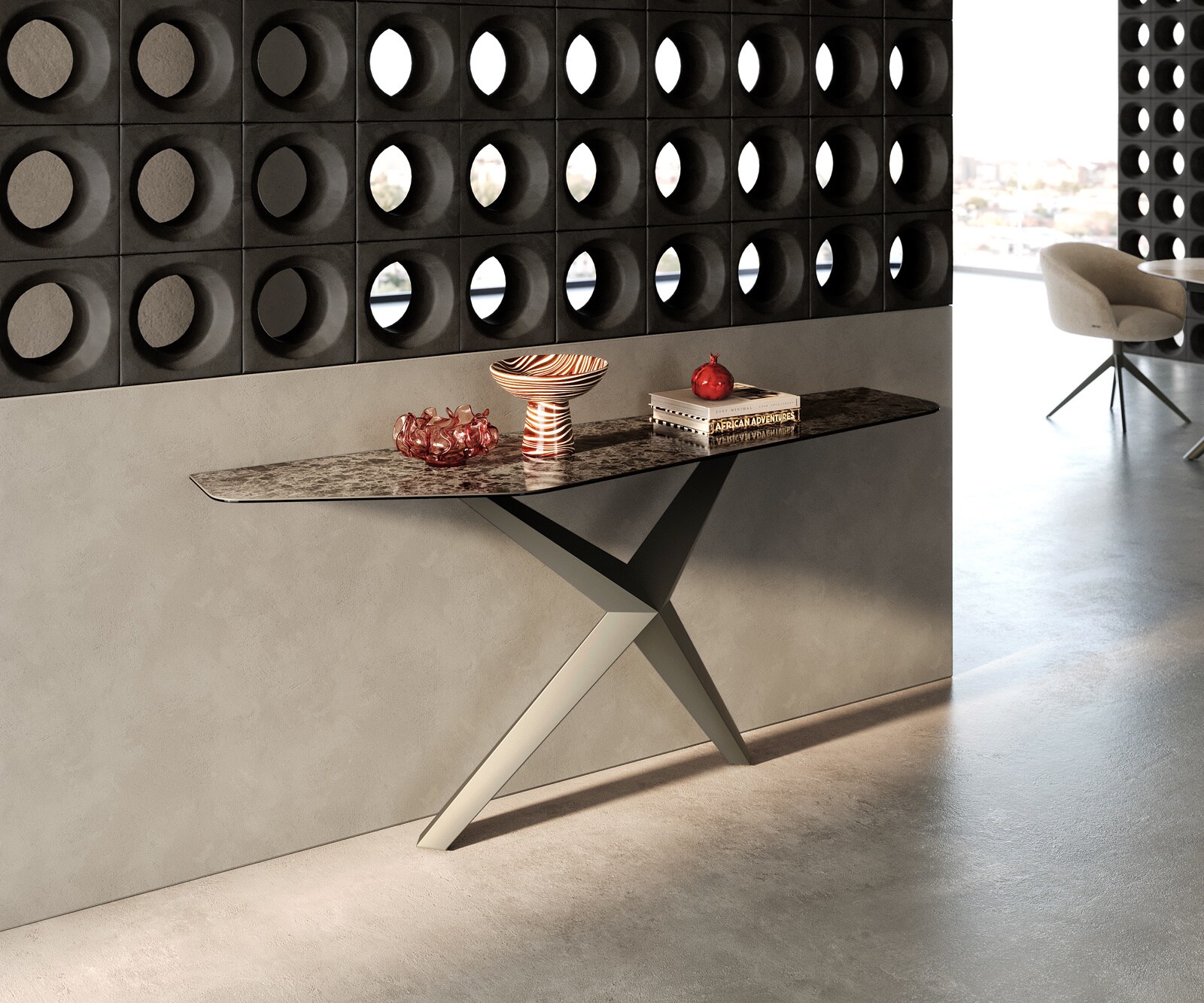 Console Edge Polygonal 180x50 cm Céramique Emperador Extra Lucidato Dunkelbraun Zentharo Métal Effektfinish Titan
