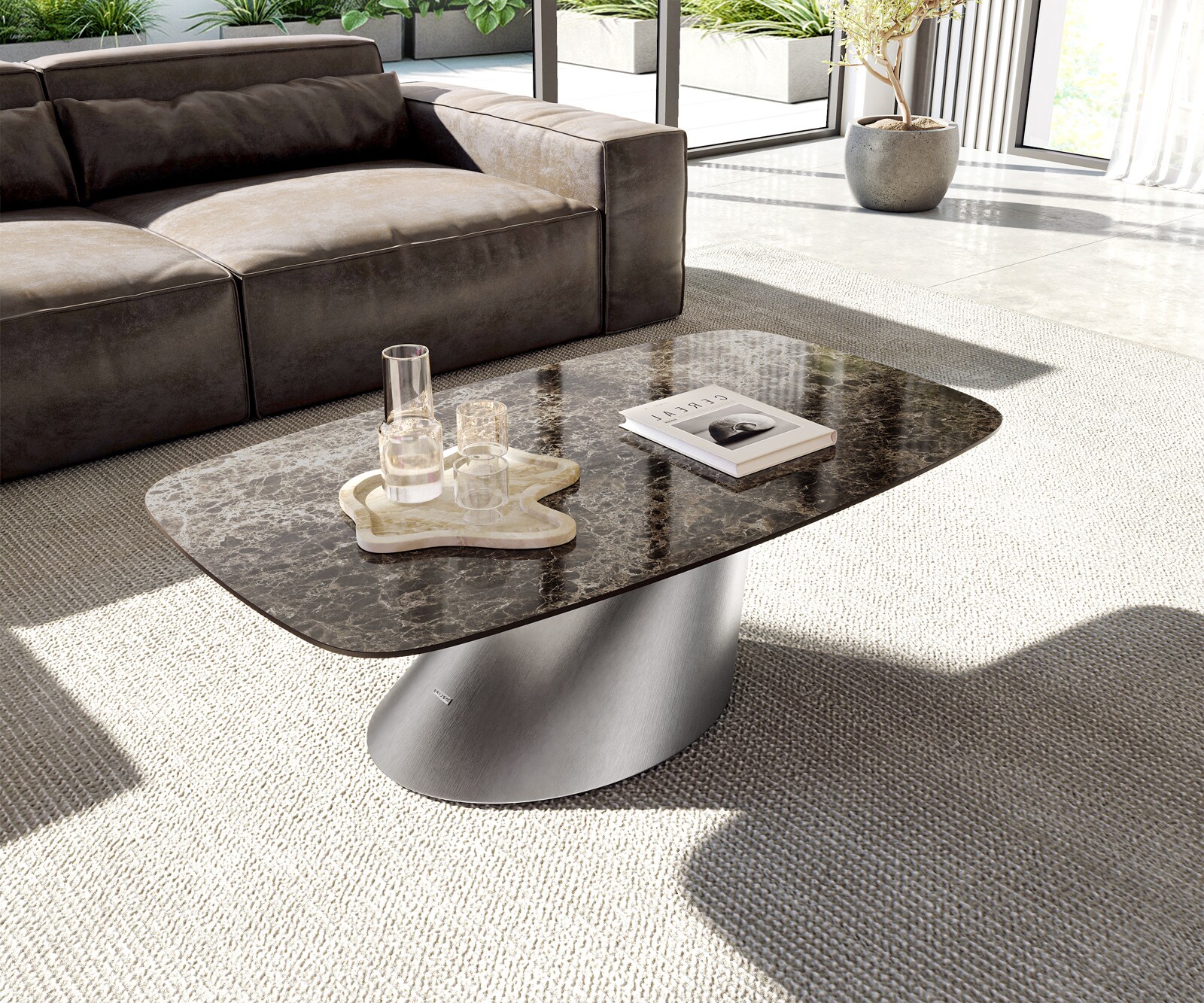 Couchtisch Edge Boot 120x70 cm Keramik Laminam® Emperador Extra Lucidato Dunkelbraun Conis Edelstahl gebürstet 1