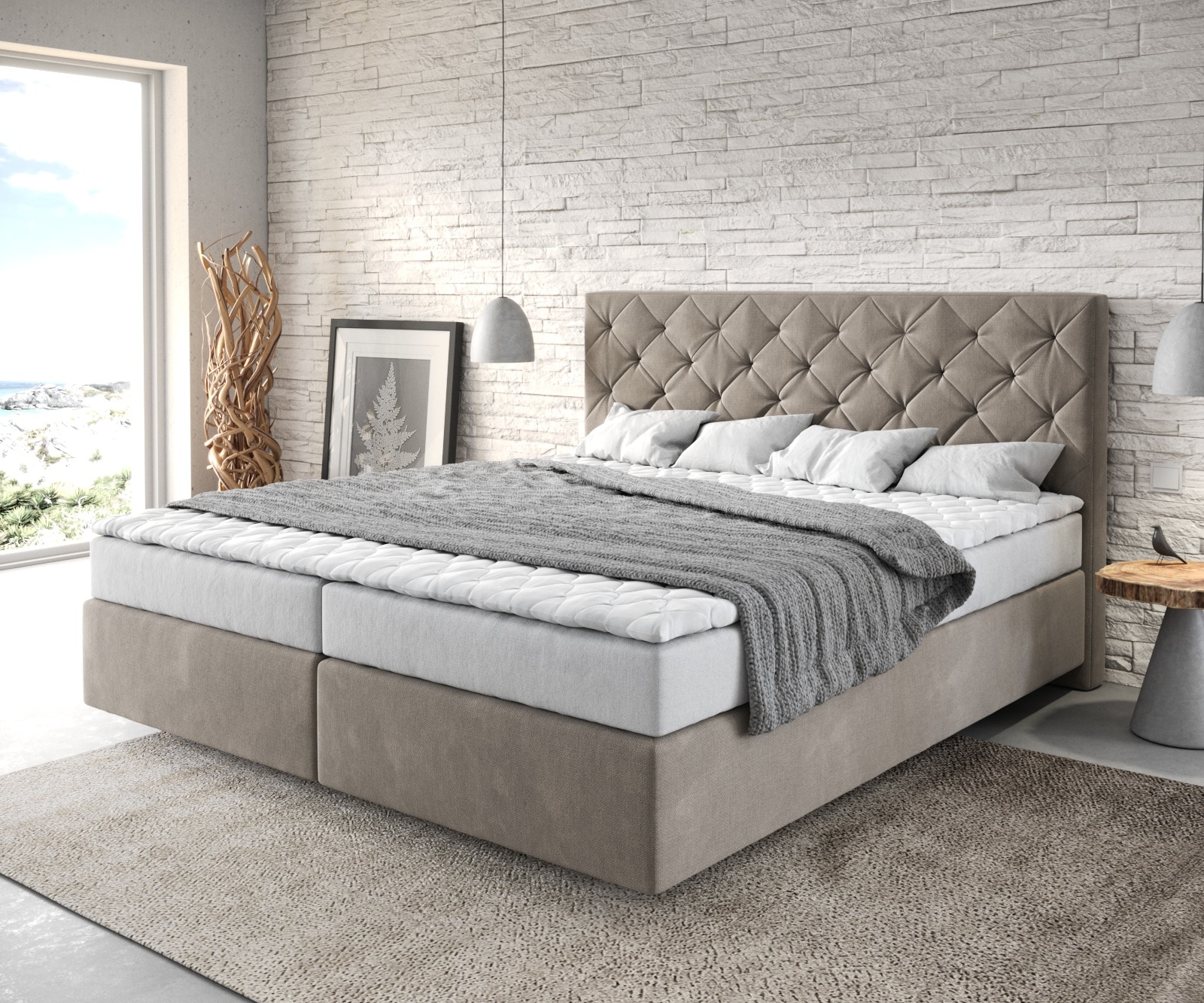 Boxspringbett Dream-Great 180x200 cm Mikrofaser Beige mit Matratze und Topper Boxspringbett Dream-Great 180x200 cm Mikrofaser Beige mit Matratze und Topper