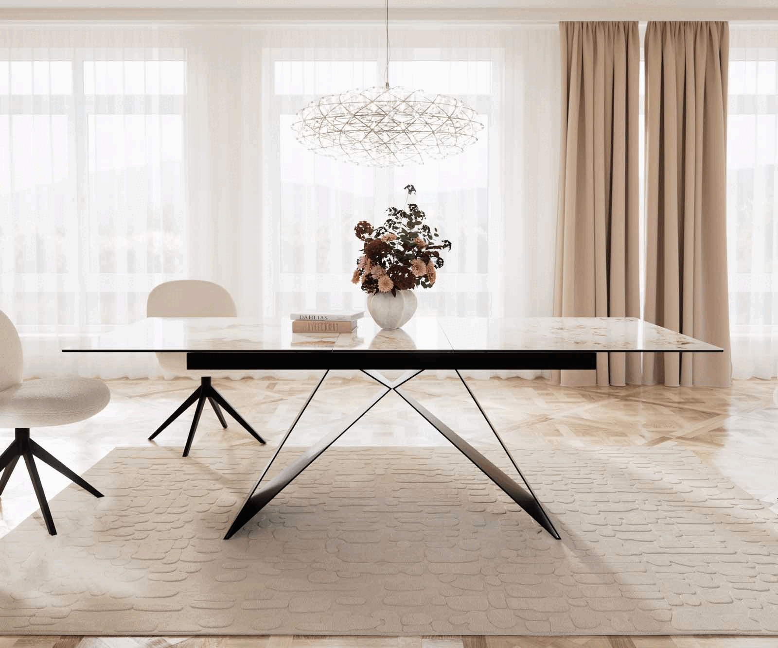 Esstisch Edge 180-220x100 Keramik Minas Melange Weiß-Beige V-Gestell Flachstahl Schwarz ausziehbar 1