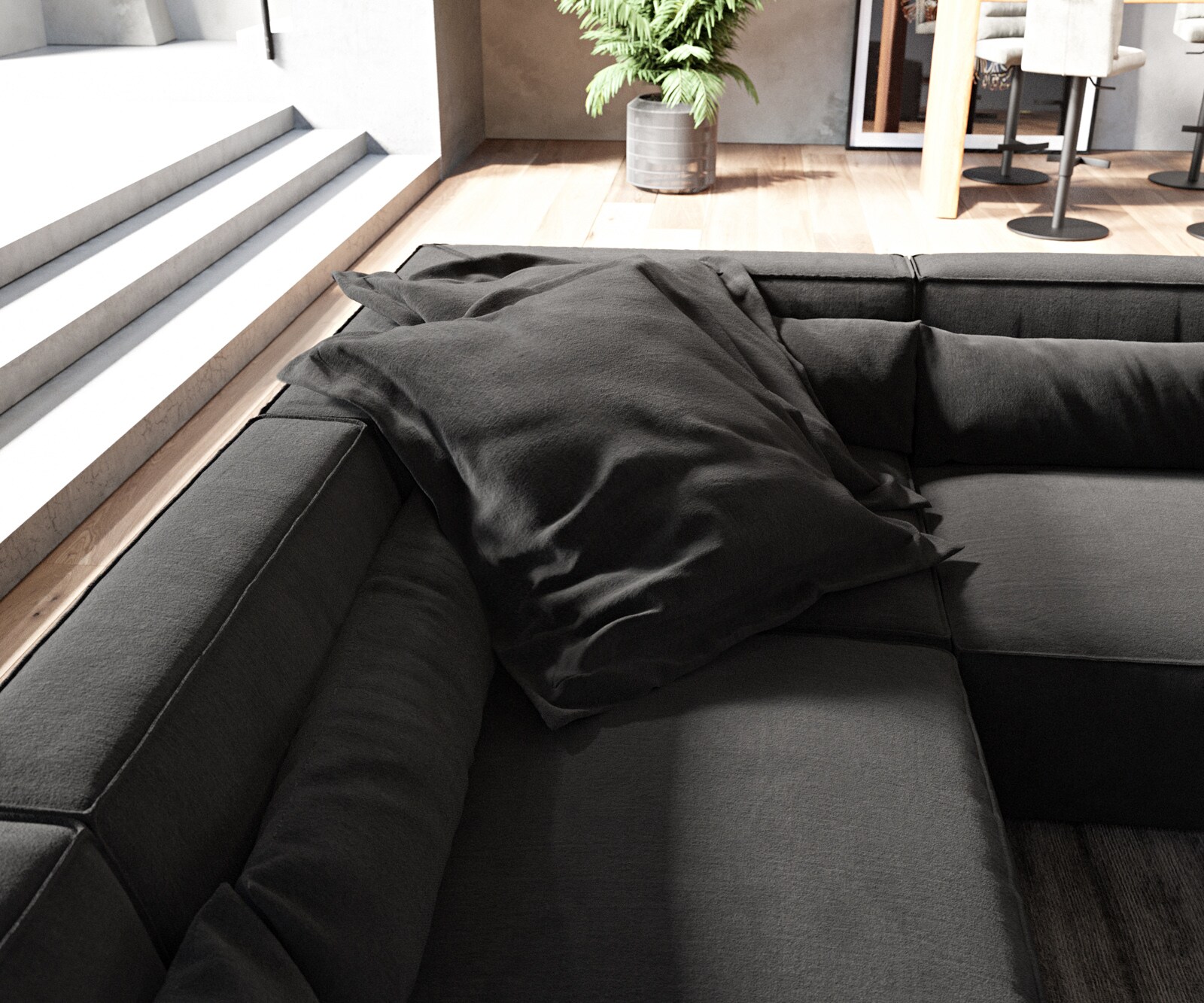 Wohnlandschaft Sirpio 300x200 cm Mikrofaser Schwarz Recamiere variabel mit Hocker 4