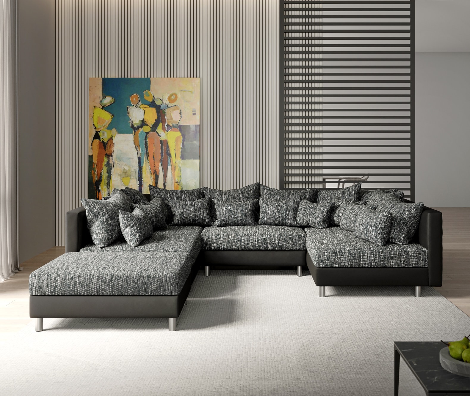 Wohnlandschaft Clovis Schwarz Modulsofa mit Hocker  1 Wohnlandschaft Clovis Schwarz Modulsofa mit Hocker  1