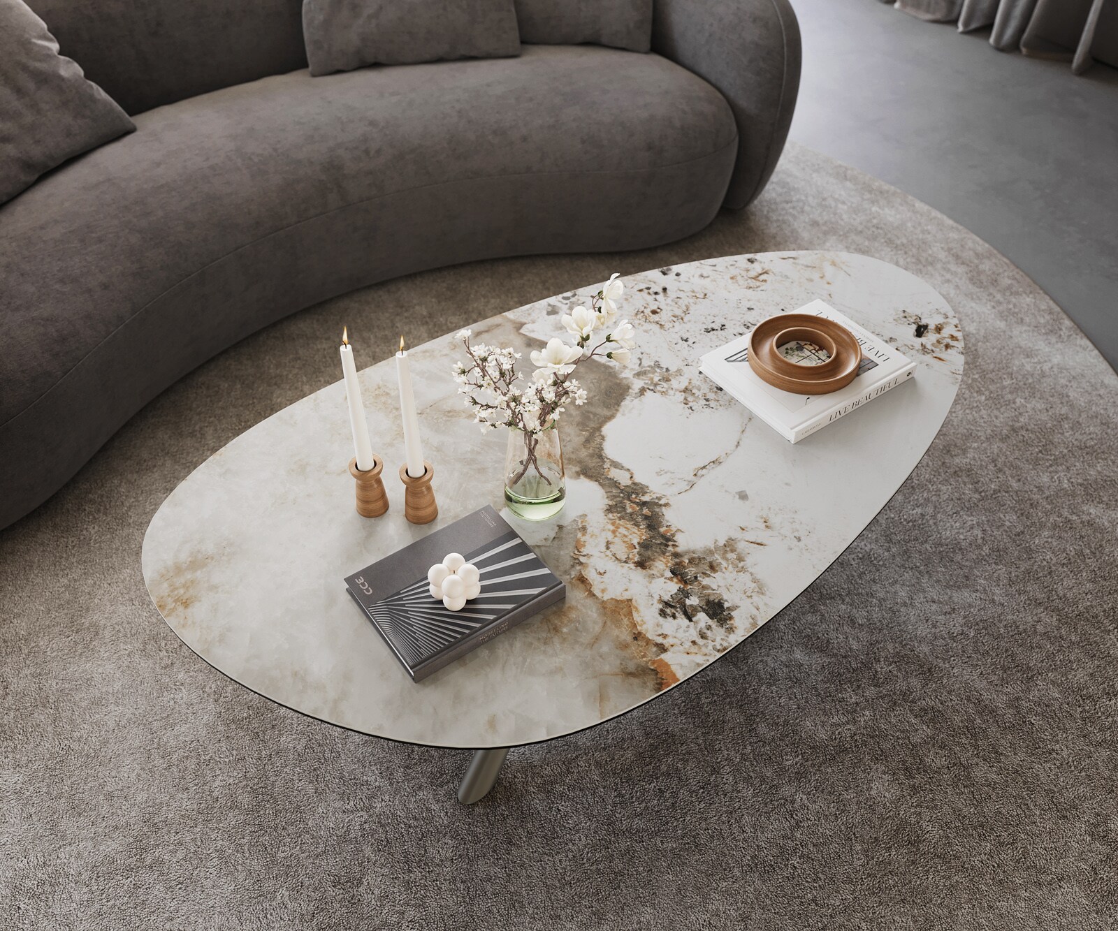 Table basse Edge Oval 140x75 cm céramique Minas Melange Sarity Metall finition effet titane 3