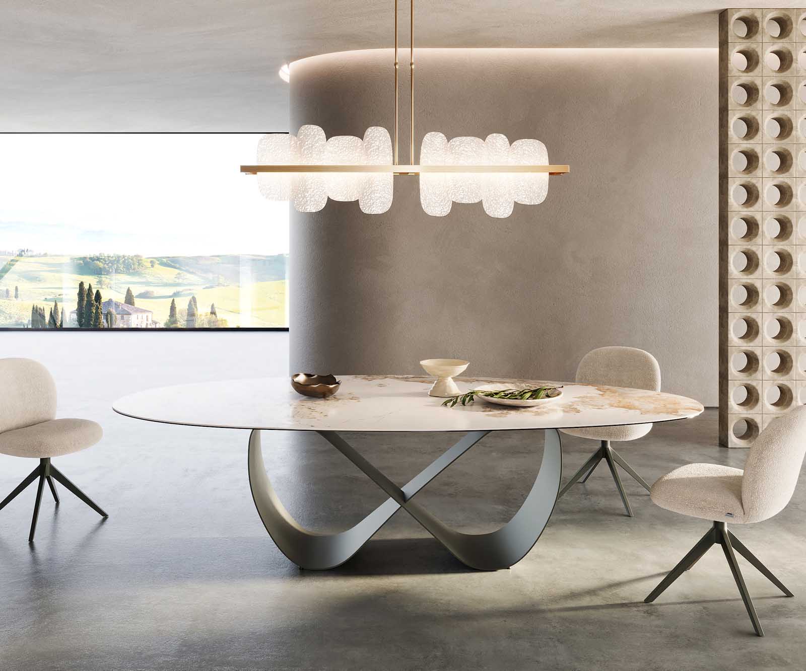Esstisch Edge Oval 280x130 Keramik Minas Melange Weiß-Beige Infinity Metall Effektfinish Titan