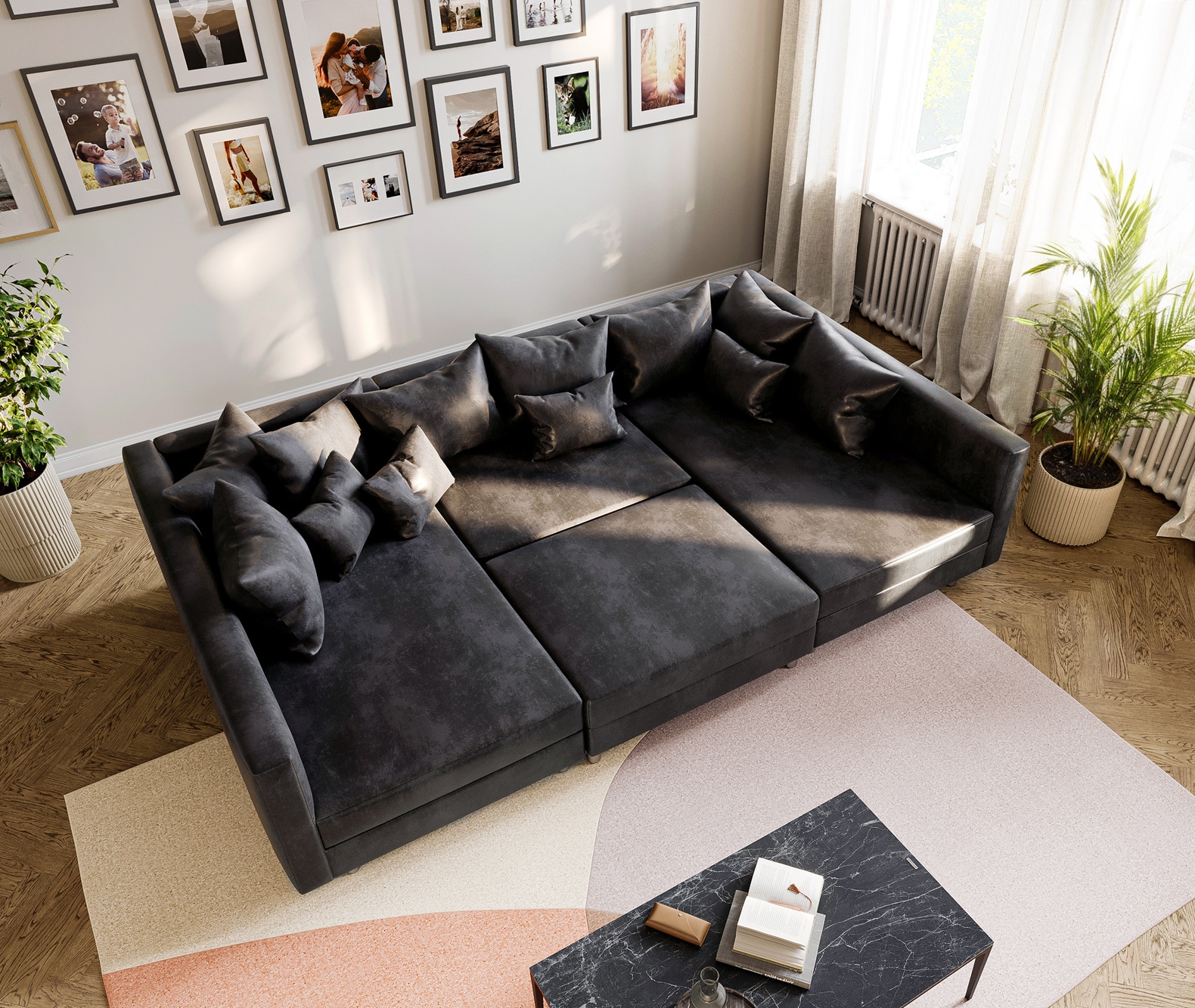 Canapé-panoramique Clovis Anthracite look Antique Modulable avec Tabouret 4 Canapé-panoramique Clovis Anthracite look Antique Modulable avec Tabouret 4