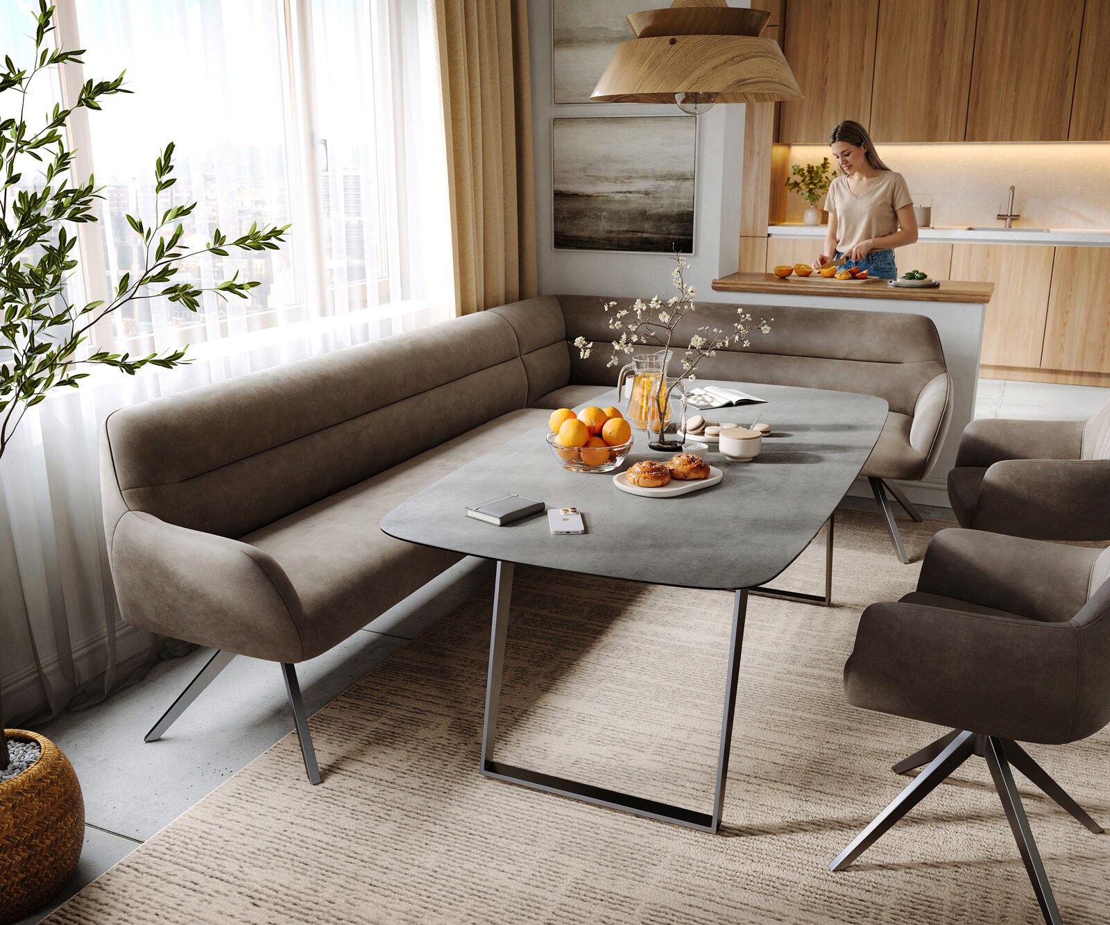 Esszimmerbank Taya-Flex 285x190 cm Mikrofaser Taupe Vintage Kreuzgestell kantig Graphit Taschenfederkern Rechts 1