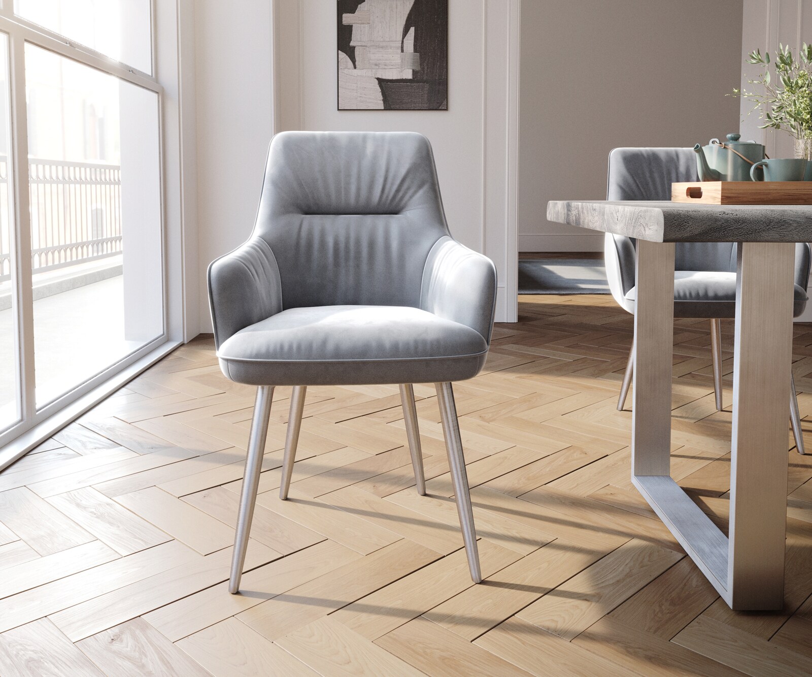 Chaise-de-salle-à-manger Zelia-Flex avec accoudoirs velours gris 4 pieds coniques acier inoxydable brossé ressorts ensachés 2