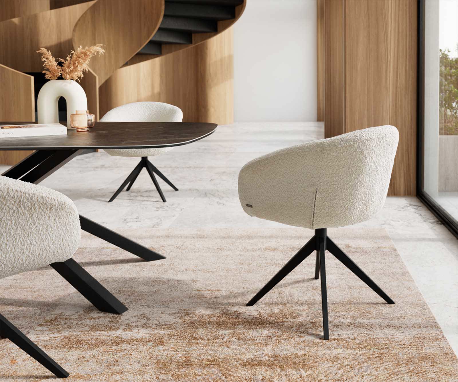 Chaise-pivotante Vinka-Flex avec accoudoirs bouclé blanc pied croisé large noir pivotement sur 360° ressorts ensachés 4