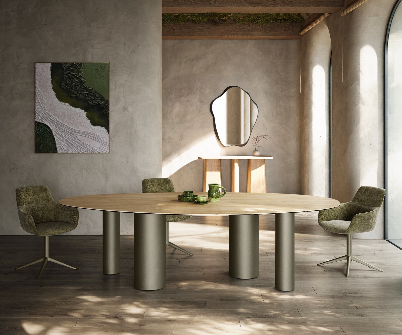 Esstisch Edge Oval 280x130 Keramik Laminam® Sabbia Eichefarbig Pilier Metall Effektfinish Titan 1