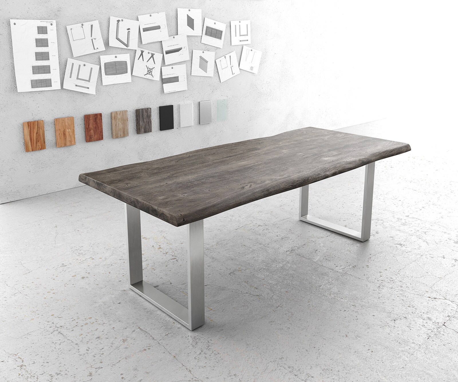 Esstisch Edge 220x100cm XL Akazie Platin Edelstahl schmal Live-Edge 1