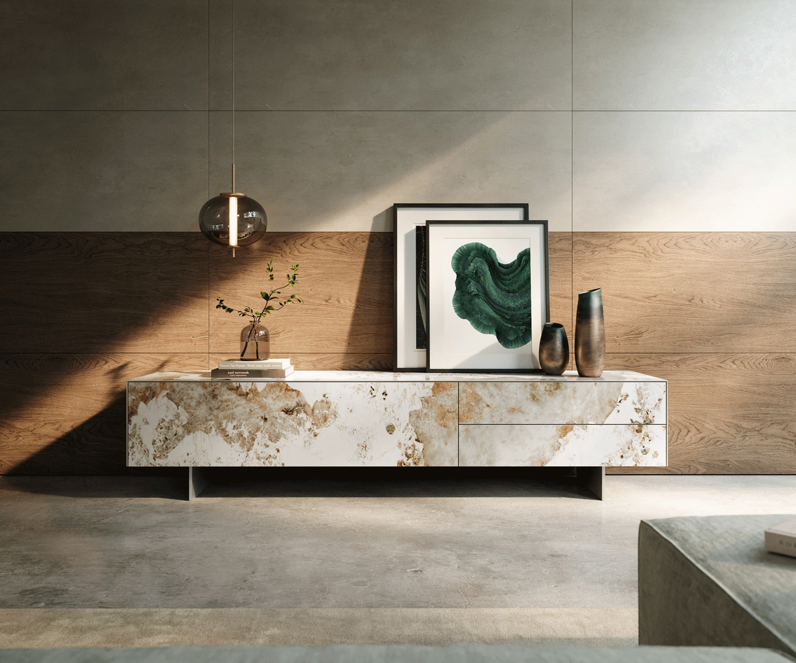 Meuble-TV Cuor 220 cm Céramique Minas Melange Blanc-beige 1 Clapet 2 Tiroirs Pied optique flottant Ancier inoxydable 2