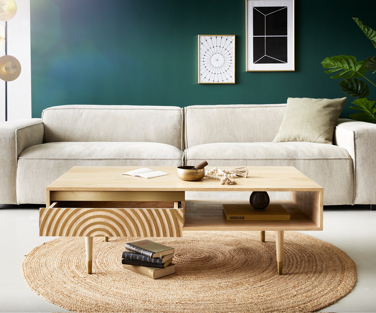 Couchtisch Budaya 115x60 cm Mango Natur 2 Schubfächer Fuß rund 3
